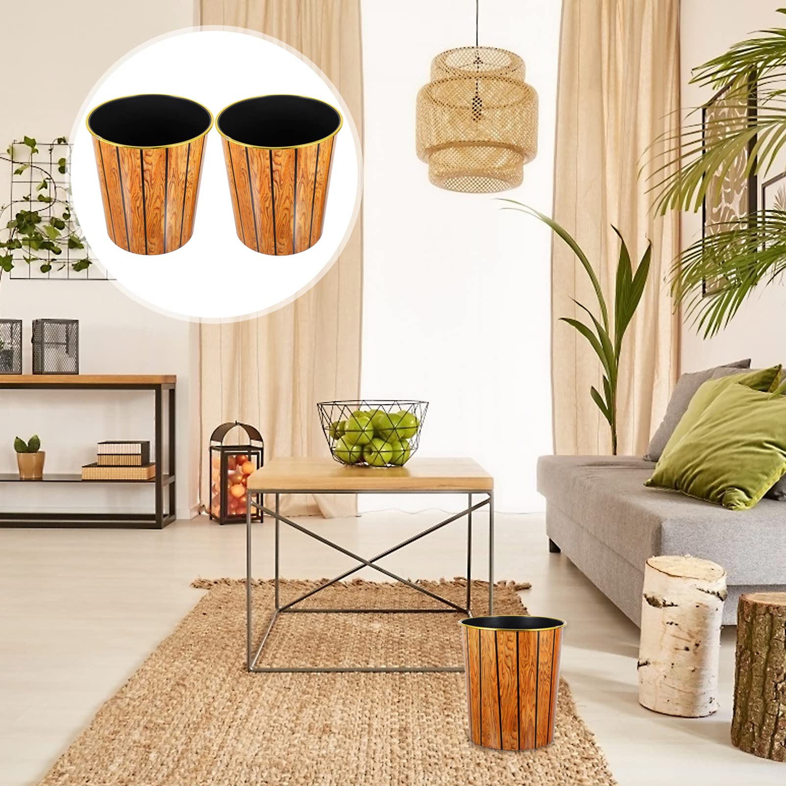 DOITOOL 2-Pack Round Plastic Trash Can - Small Bamboo Design Wastebasket for Bathroom, Kitchen & Office - Durable PP Material Garbage Bin with Wooden Look - Perfect for Home, Office & Commercial Spaces