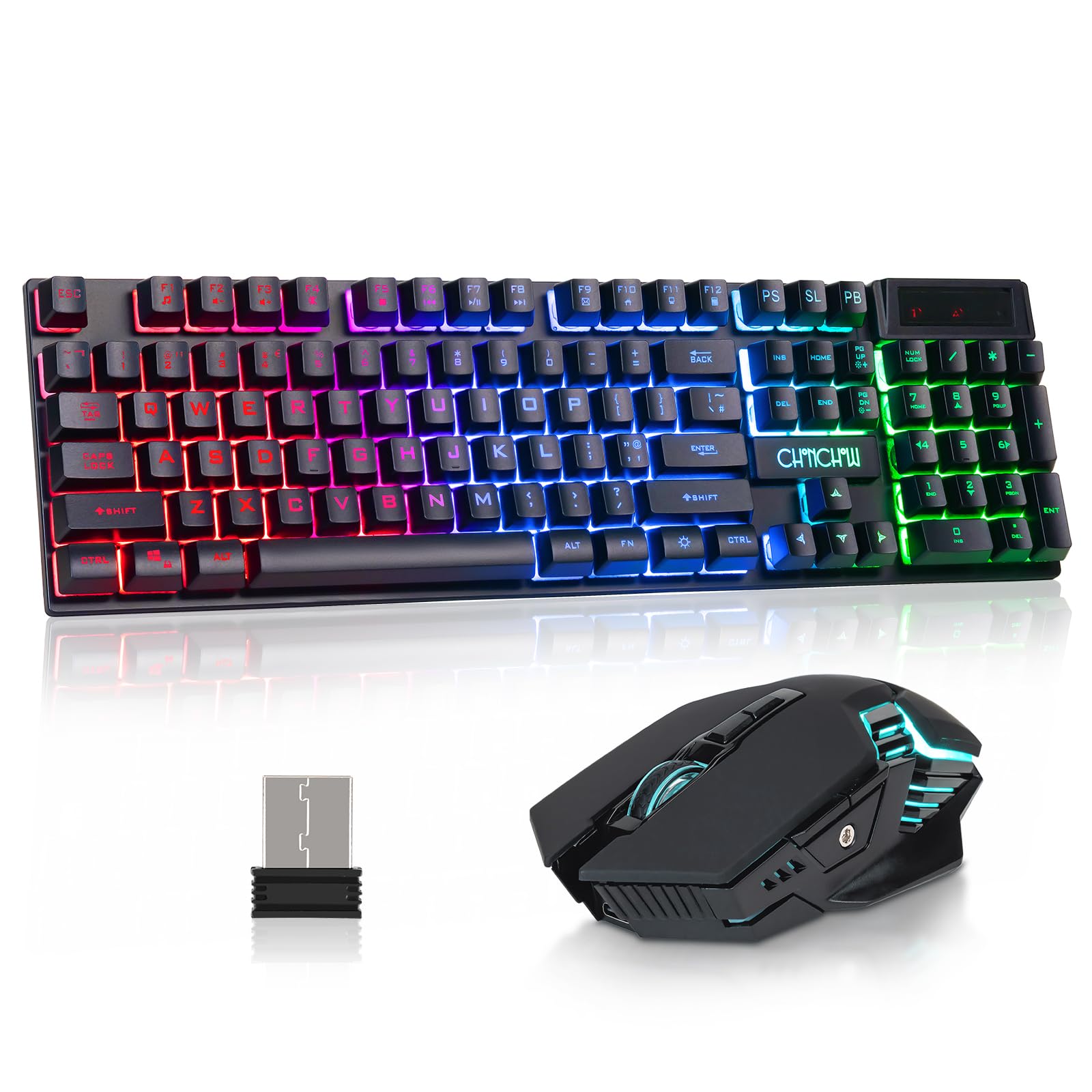 CHONCHOW Wireless Gaming Keyboard and Mouse Combo - RGB Backlit Ergonomic Mechanical Feel Keyboard with Rechargeable 2500mAh Battery, Anti-Ghosting Keys, 7D 3600DPI Gaming Mouse for PC, Laptop, PS4, Xbox - Ideal for Esports, Streaming, Office Work & Home Gaming - Perfect for FPS, MOBA Games and Late-Night Gaming Sessions - Great for Competitive Gaming, Work from Home Setup and Entertainment