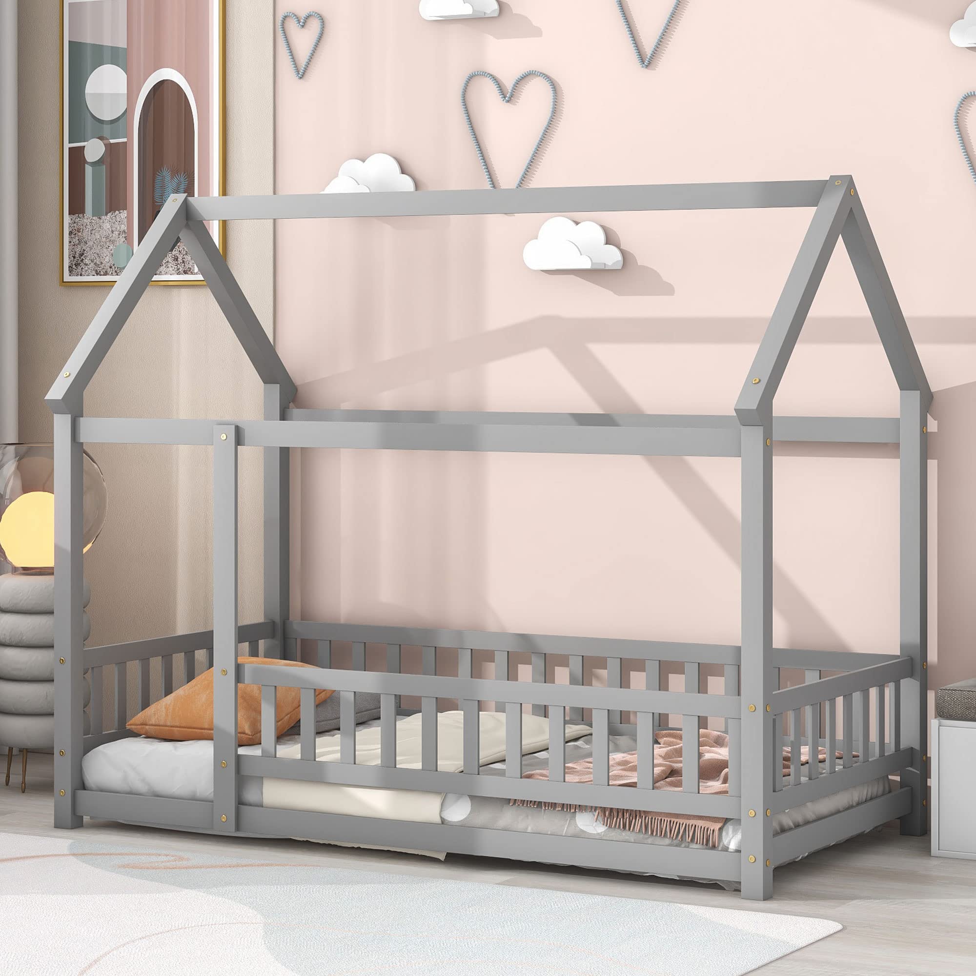 **Wooden Twin House Bed Frame for Kids with Fence & Door - No Box Spring Needed (Gray) - Perfect for Bedrooms, Playrooms & Themed Decor**