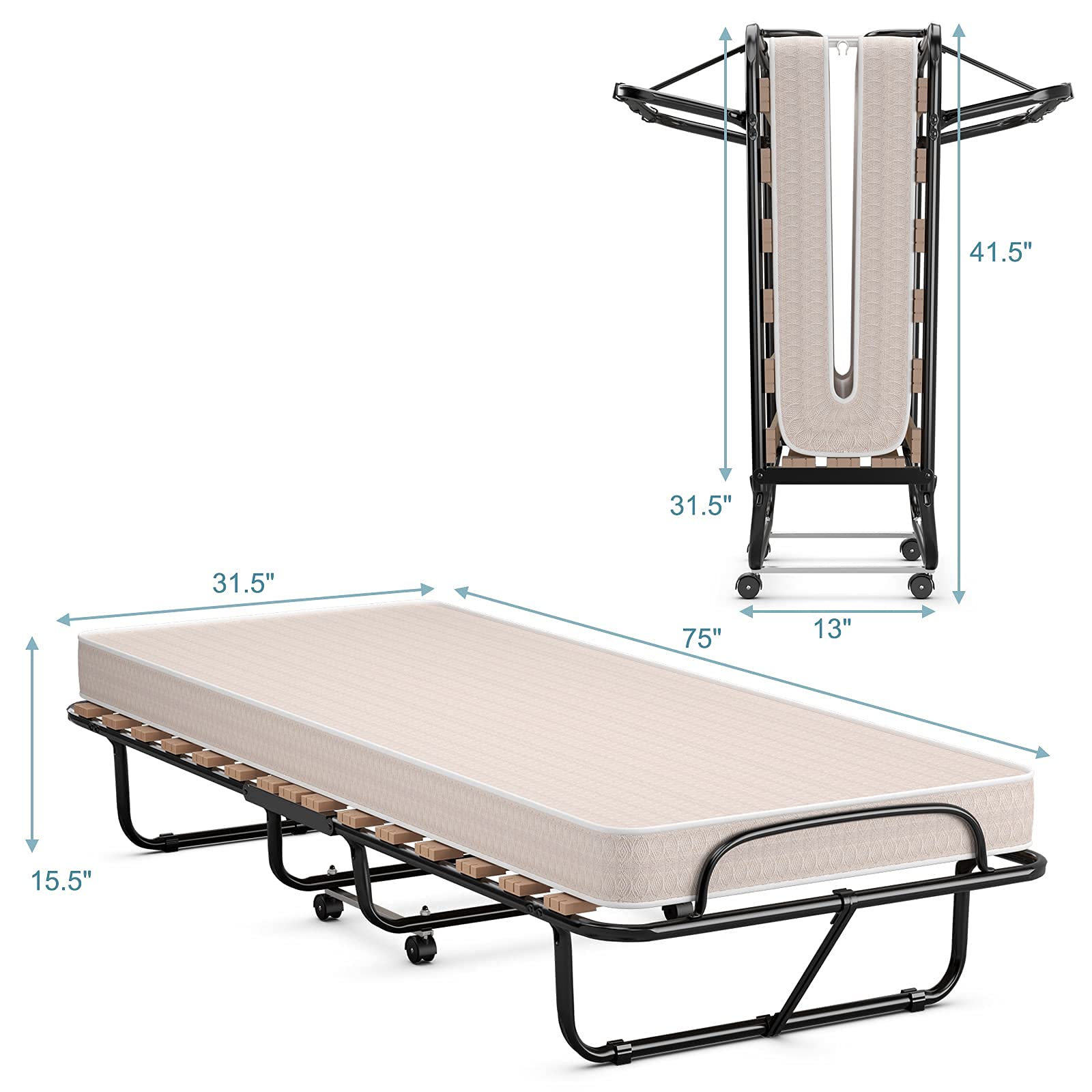 KOTEK Foldable Guest Bed with Memory Foam Mattress - Portable Rollaway Bed with Sturdy Metal Frame - Italian Made Space-Saving Folding Bed for Home, Office & Travel - Perfect for Spare Rooms, Sleepovers & Small Spaces