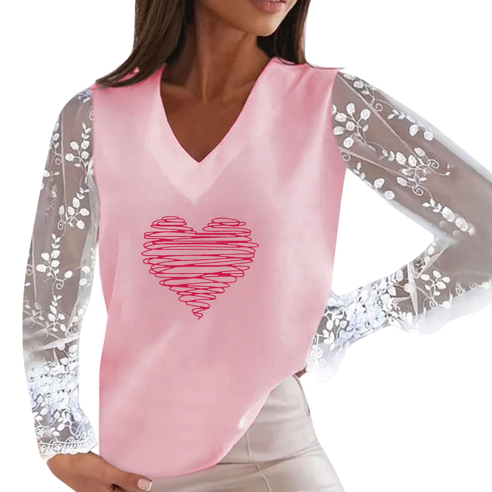 Women's Hollow Out Lace V-Neck Long Sleeve Top - Elegant Casual Pullover Blouse for Daily Wear, Office & Date Night Outfits