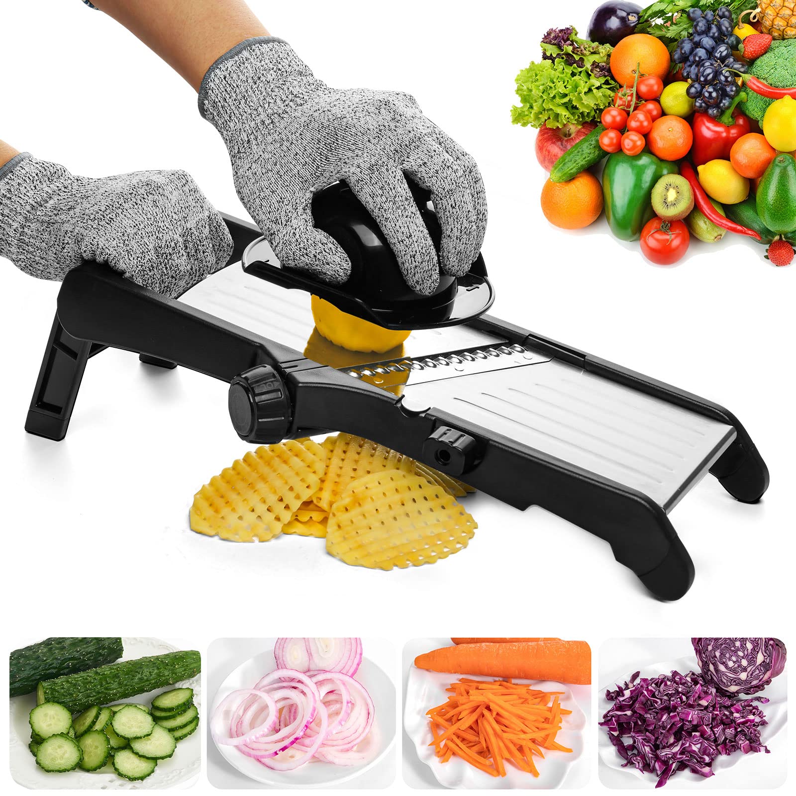 VEKAYA Adjustable Mandoline Slicer for Vegetables, Fruits & Potatoes - Professional Kitchen Slicer with 5 Blades for Onion, French Fries, Waffle Cut & More - Includes Safety Gloves & Cleaning Brush - Perfect for Meal Prep, Salad Making & Home Cooking
