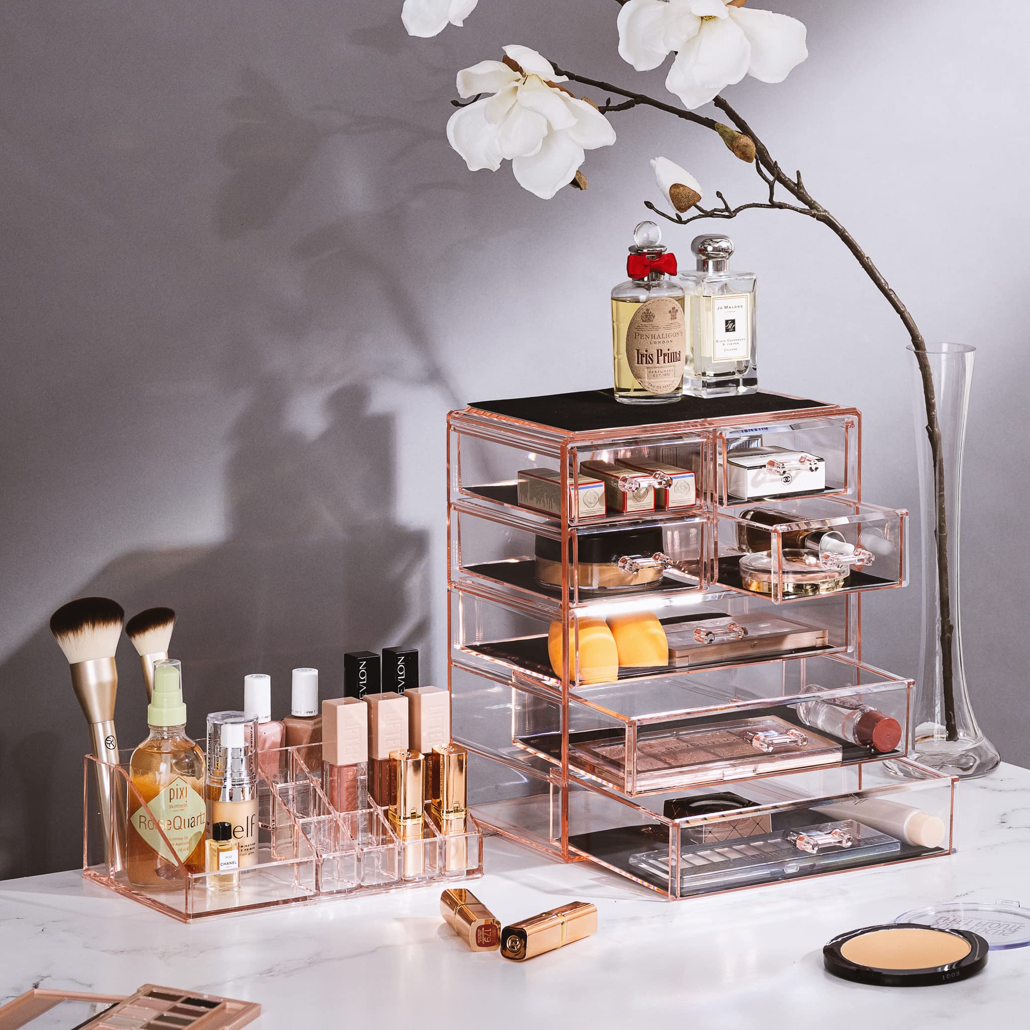 Sorbus Clear Acrylic Makeup Organizer with 3 Large & 4 Small Drawers - Cosmetic & Jewelry Storage Case for Dresser, Vanity, Bathroom Countertop - Pink Beauty Display Box (Perfect for Organizing Lipsticks, Brushes, Earrings & Rings)