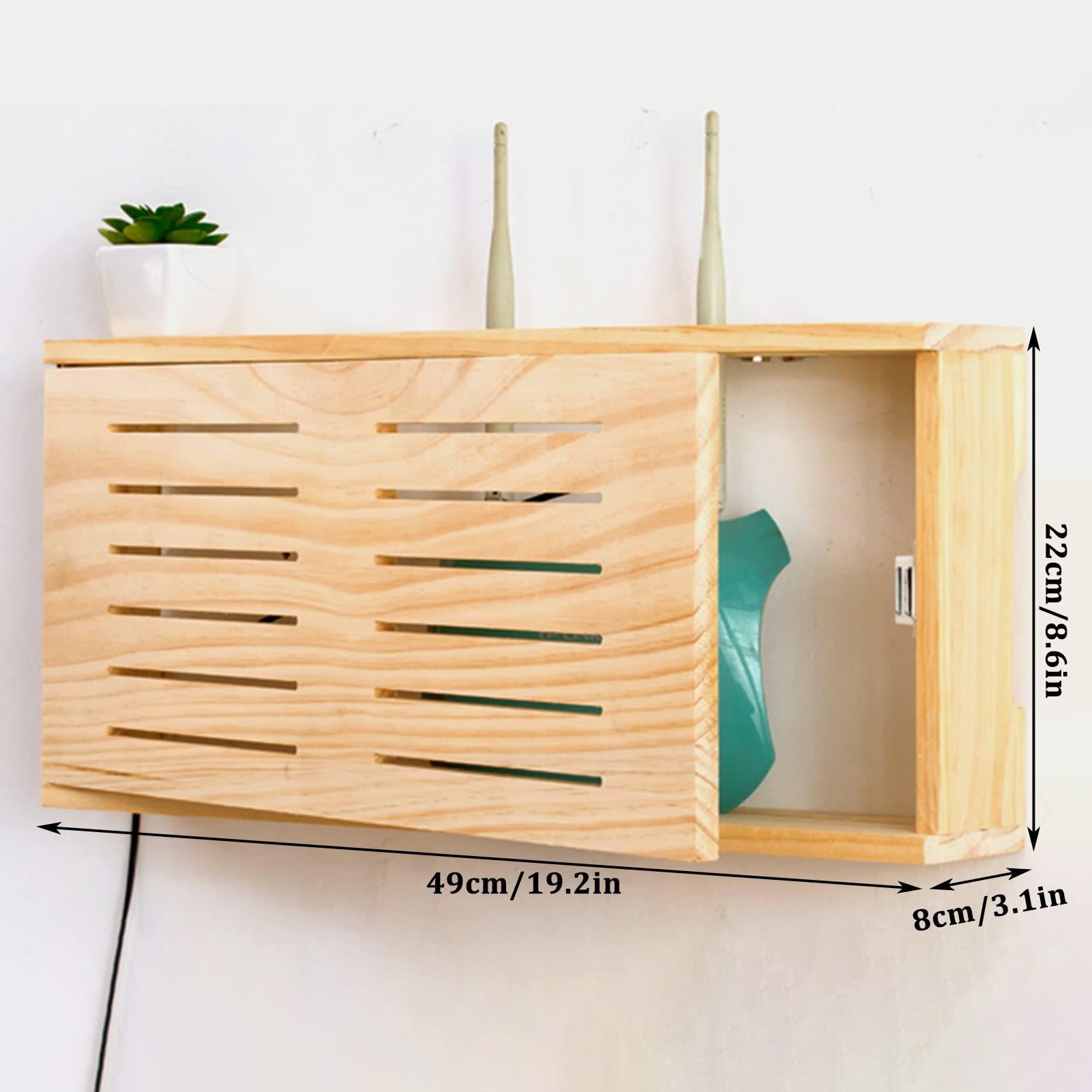 Wooden WiFi Router Storage Box - Wall Mount Network Set-Top Box Organizer with Shelf, 49x22x8cm - Perfect for Home, Bedroom & Office to Hide Cables & Organize Wireless Routers, Modems & Electronics (Natural Wood Color)