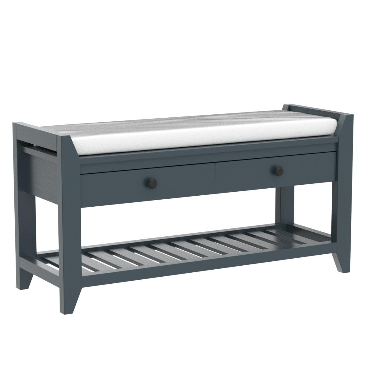 P PURLOVE Entryway Storage Bench with Cushioned Seat - Shoe Rack Organizer with 2 Drawers & Storage Shelf, Antique Navy - Perfect for Hallway, Mudroom, and Bedroom Organization