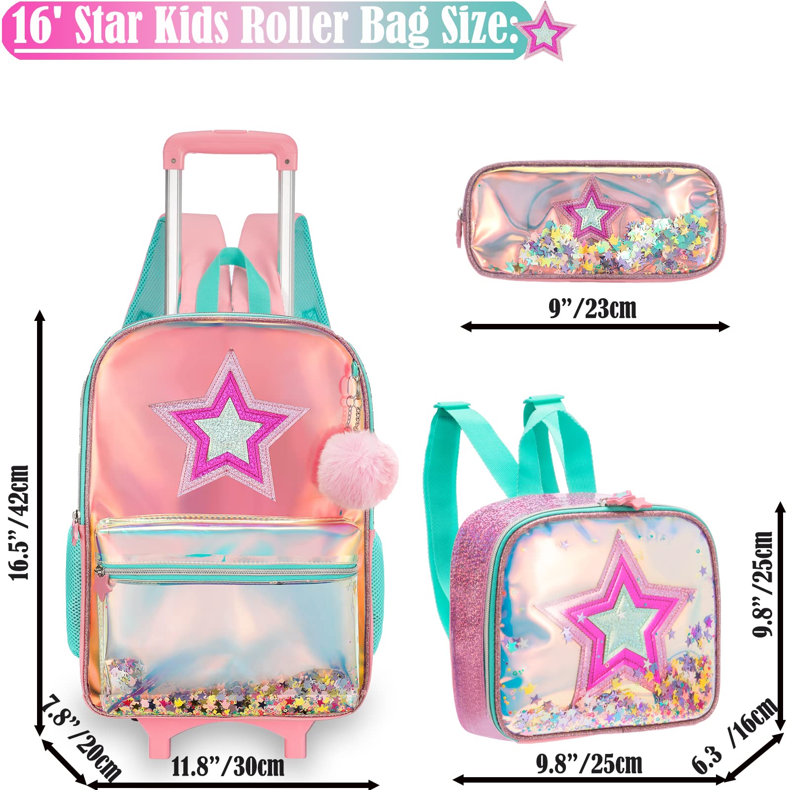 **Egchescebo Rolling Backpack for Girls - Pink Wheeled School Backpack with Lunch Box (3-Piece Set) - Perfect for School, Travel & Daily Use**