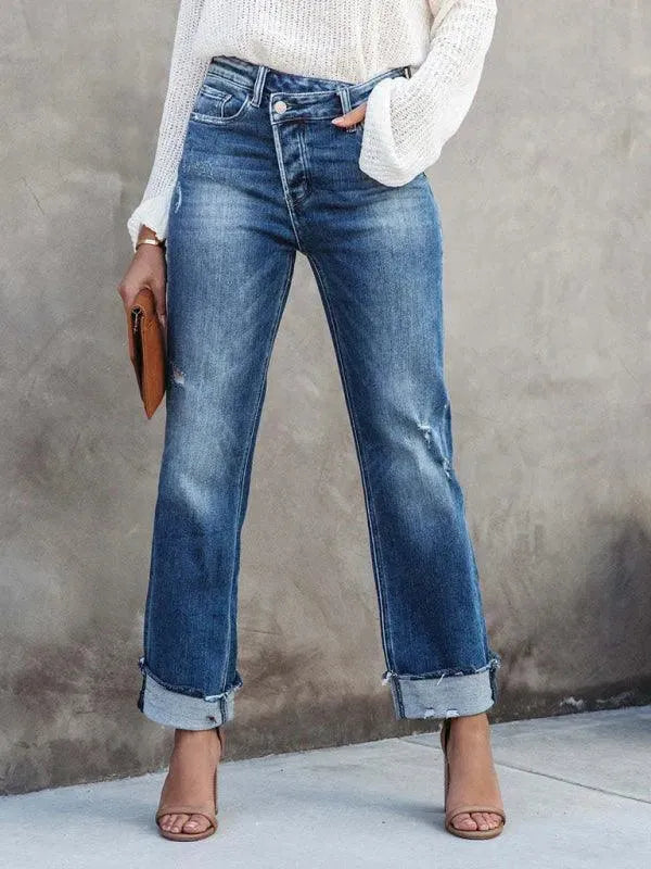 Women's High Waist Asymmetrical Flyer Jeans - Trendy Distressed Denim Pants for Casual Outfits & Streetwear Fashion