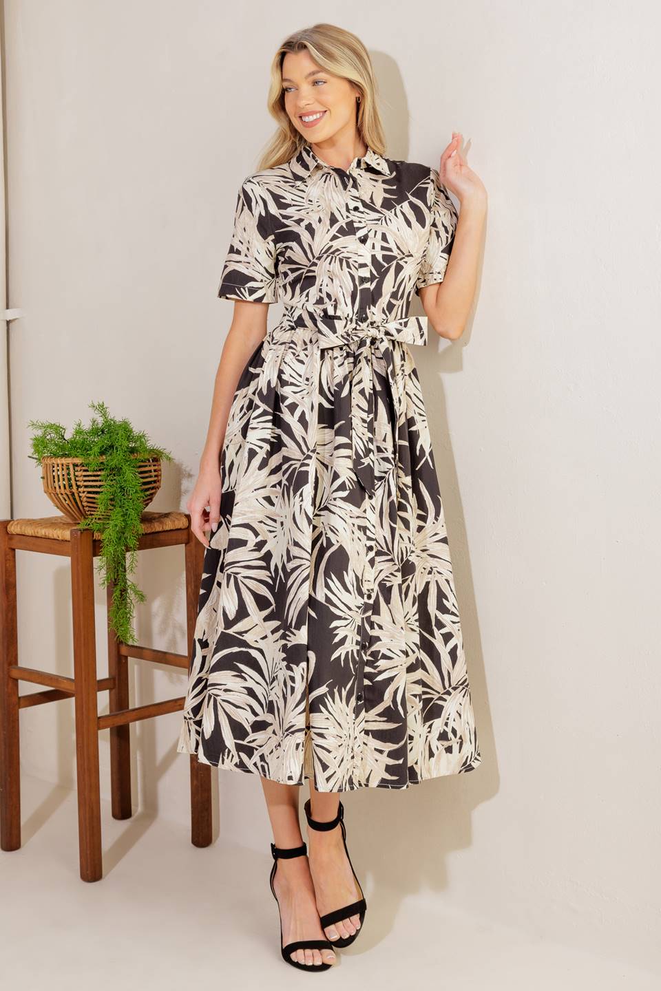 CARTER MIDI SHIRT DRESS - Black & Off White Leaf Print Floral Wrap Dress for Women | Casual Office Wear & Spring Summer Outfits