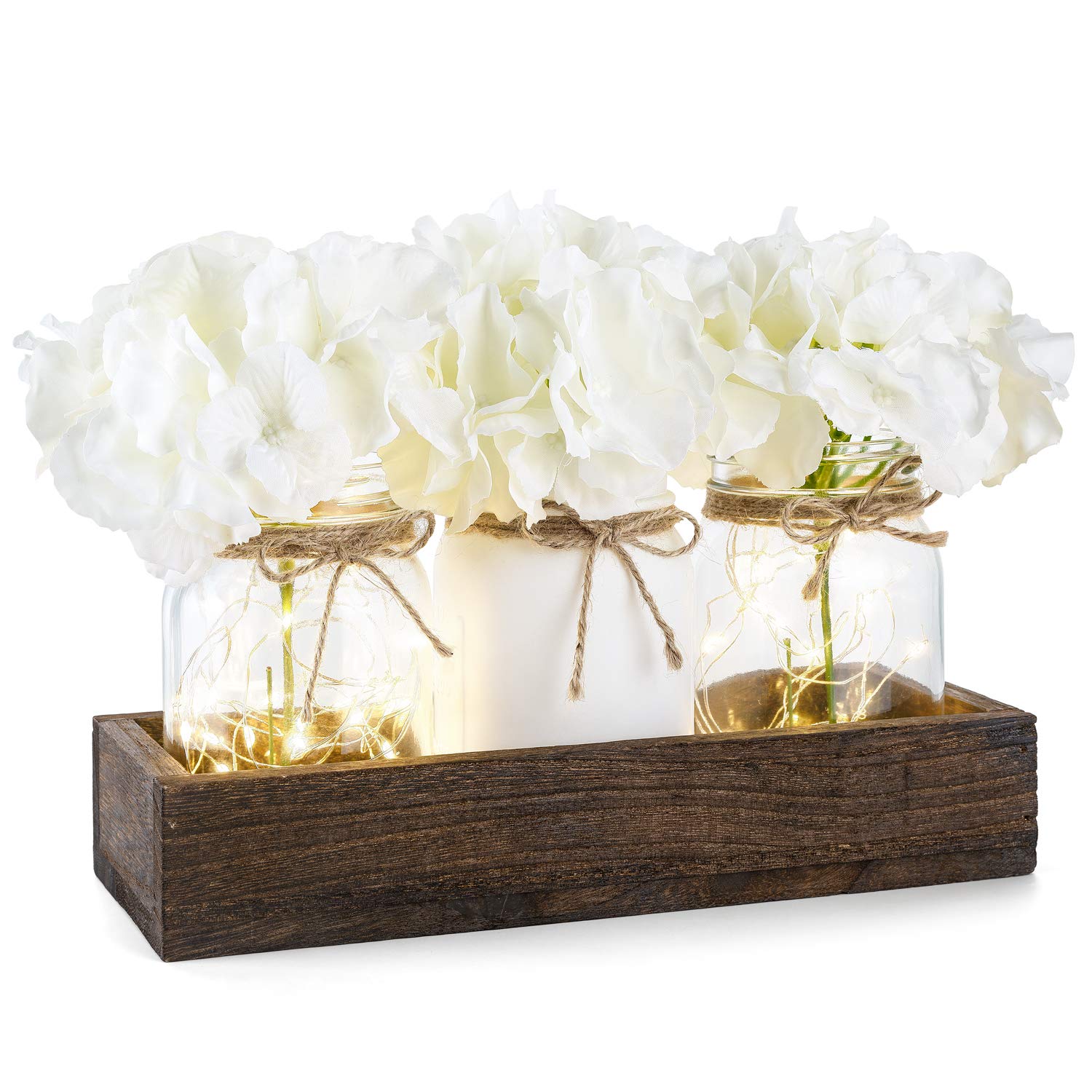Mkono Wooden Tray with 3 Mason Jars - Farmhouse Style Table Centerpiece Decor for Dining Room, Coffee Table, Kitchen & Bathroom - Rustic Lighted Spring Home Decoration - Perfect for Weddings, Parties & Seasonal Decor (White)
