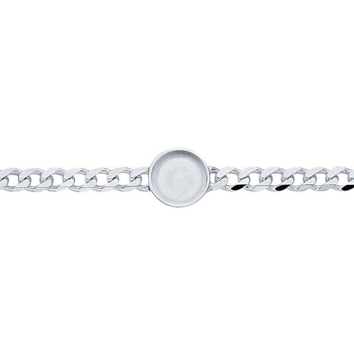 4.4mm Sterling Silver Diamond Cut Curb Chain Bracelet with 10mm Round Bezel Cabochon Blank Mounting - DIY Jewelry Making, Custom Handmade Jewelry for Gifts, Weddings & Special Occasions