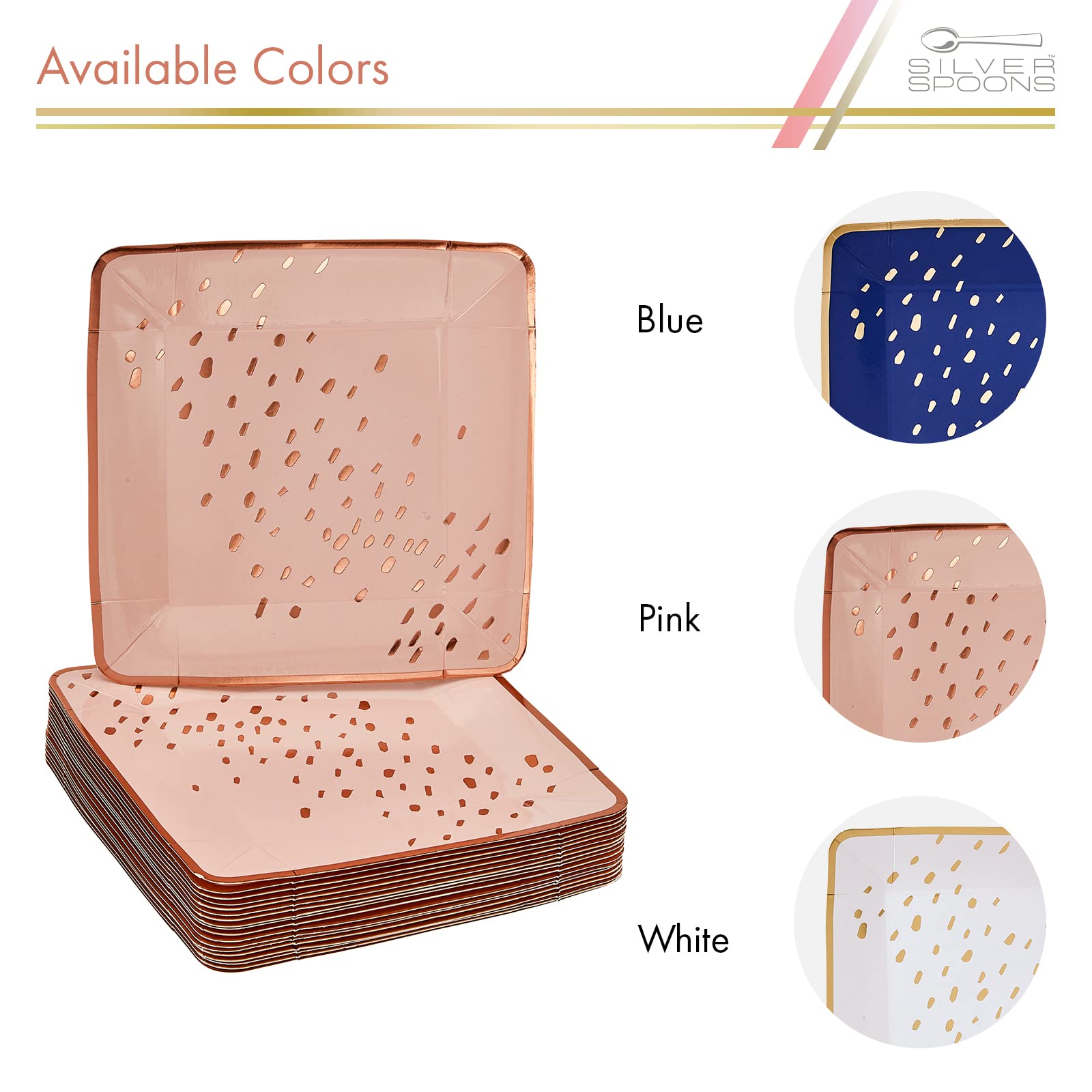 Premium 7 Inch Heavy Duty Square Disposable Paper Plates - Silver Spoons Abstract Design, Rose Gold Dinnerware Set for Birthday Parties, Baby Showers, Weddings & Special Events (18-Piece, Elegant Pink) - Perfect for Desserts, Appetizers & Stylish Table Settings