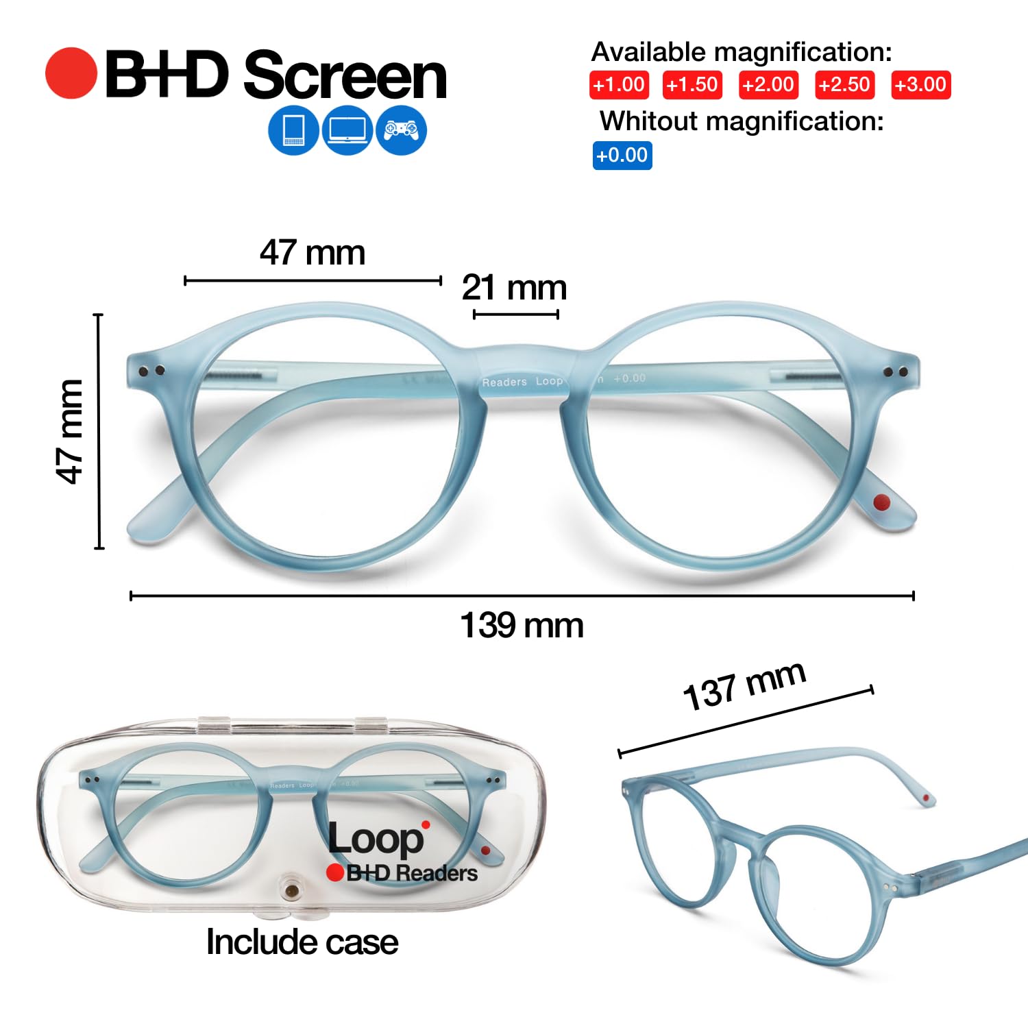 Blue Light Blocking Reading Glasses - B+D Loop Readers in Blue for Eye Strain Relief - Perfect for Computer Work, Reading & Screen Time