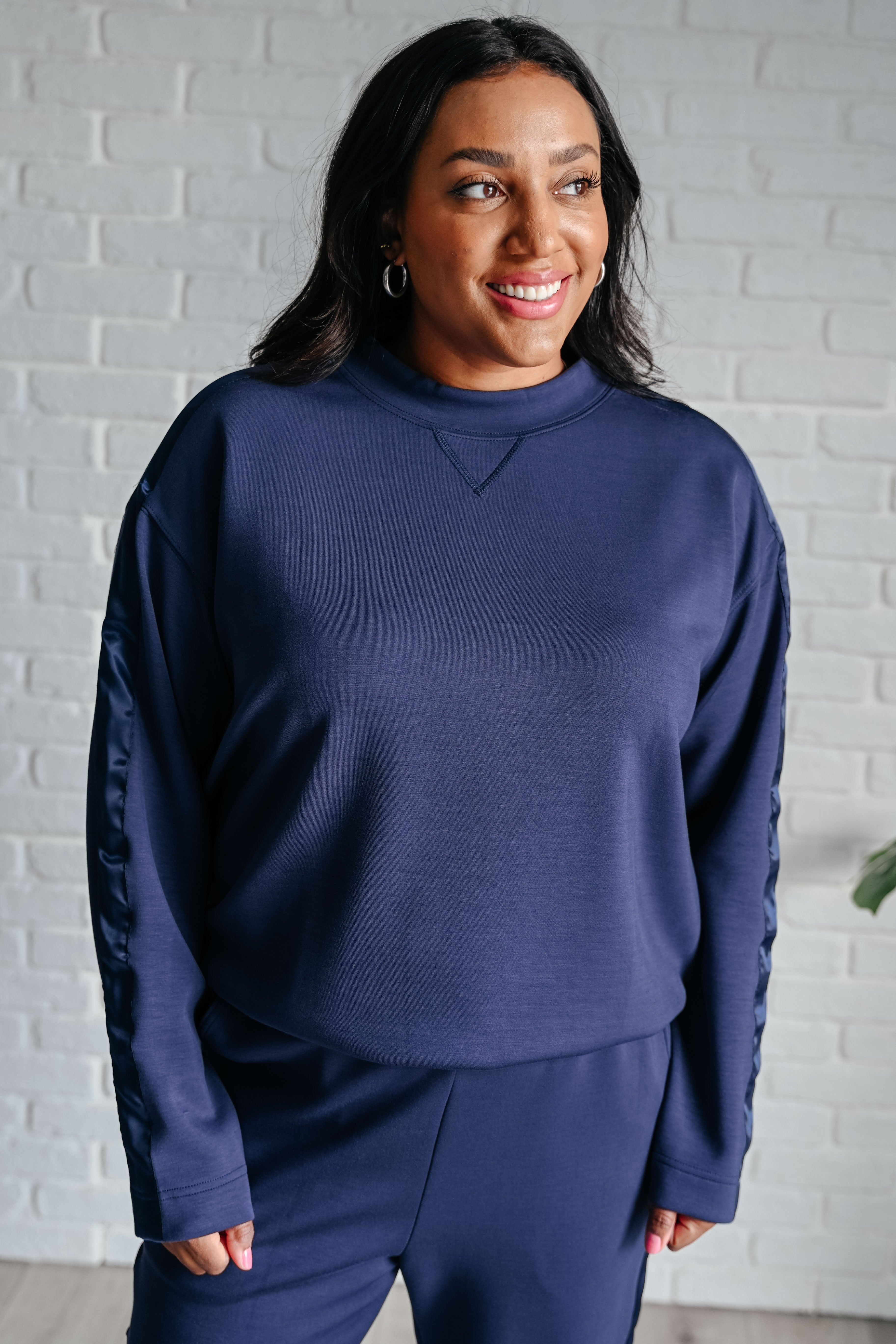 Lysa Women's Satin Stripe Pullover Sweater - Soft Long Sleeve Knit Top in Smoky Navy Blue | Perfect for Office Wear, Date Nights & Fall Layering