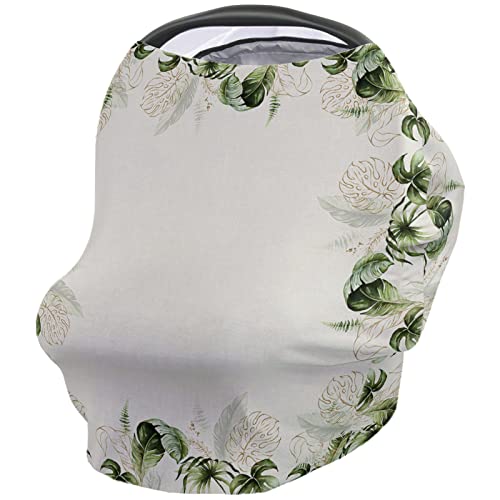 Breathable Stretchy Baby Car Seat Cover - Soft Adjustable Nursing Cover for Newborns (26x27.6 Inch) | Tropical Palm Leaf Watercolor Design for Boys & Girls | Perfect for Car Travel, Breastfeeding & Stroller Use
