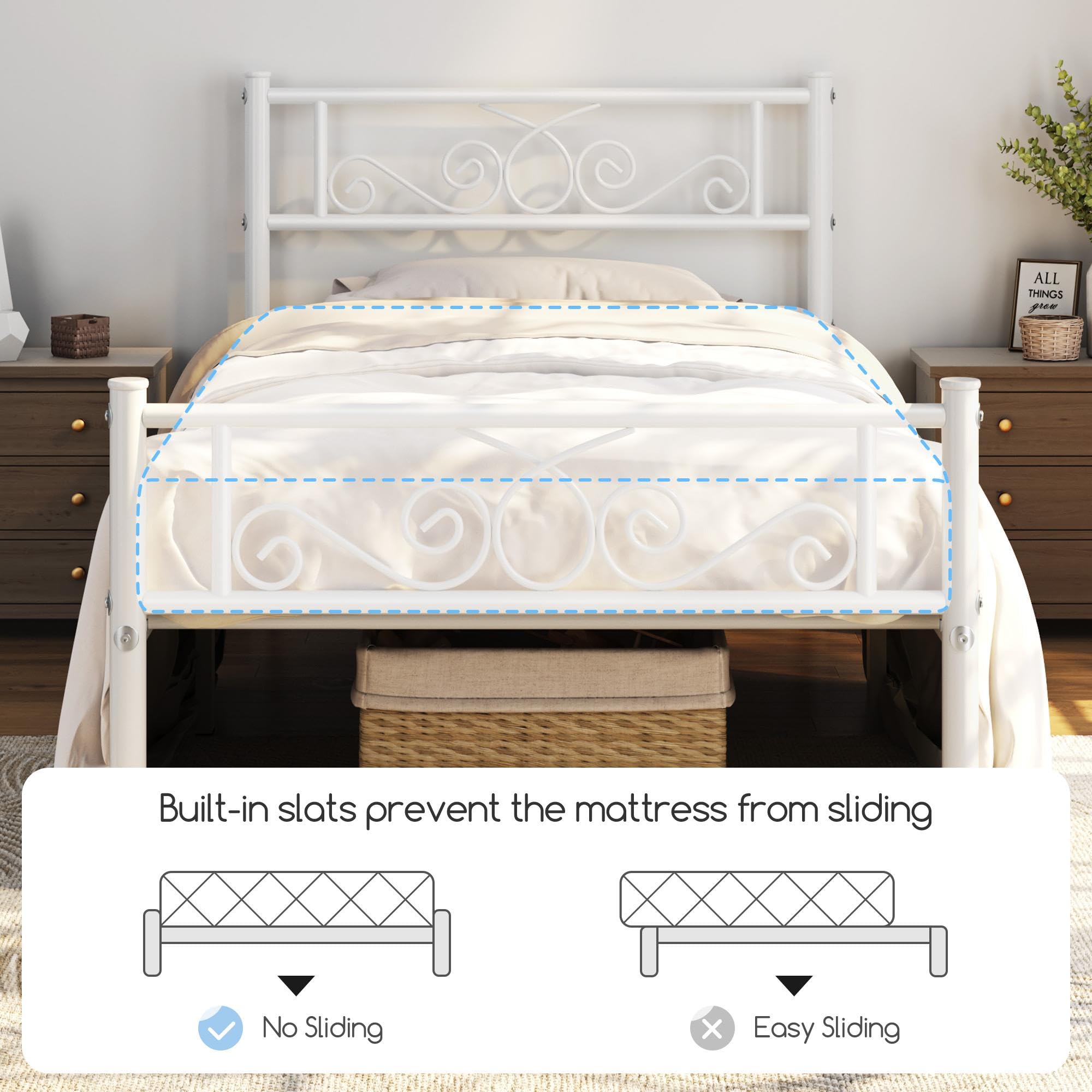 Yaheetech Twin Size Metal Bed Frame with Headboard & Footboard - Sturdy Platform Bed, No Box Spring Needed, Easy Assembly, 12.6