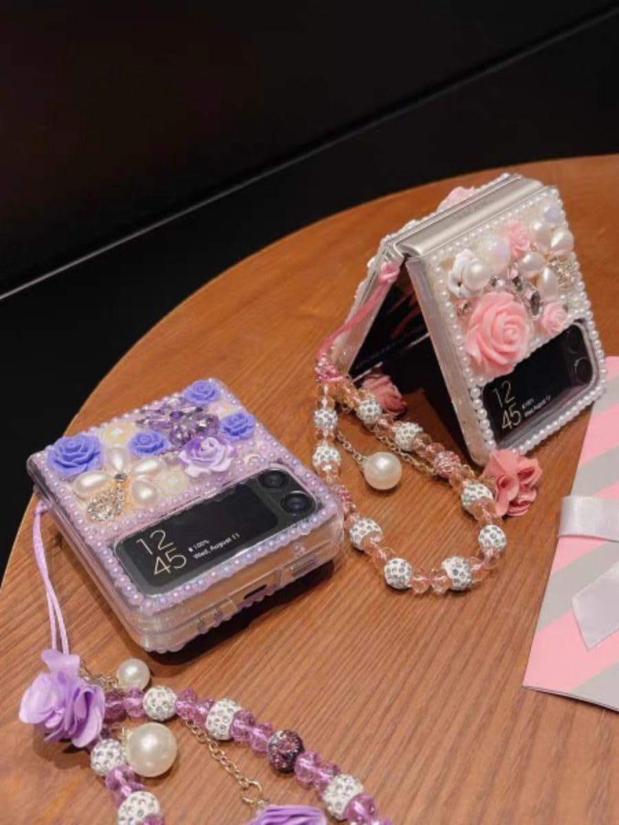 Sparkly Pink 3D Crystal Rhinestone Flower Phone Case for Moto Razr 2023 - Bling Diamond Shockproof Cover with Pearl Bracelet Strap & Lanyard | Girly Protective Case for Parties, Weddings, Date Nights & Everyday Glam