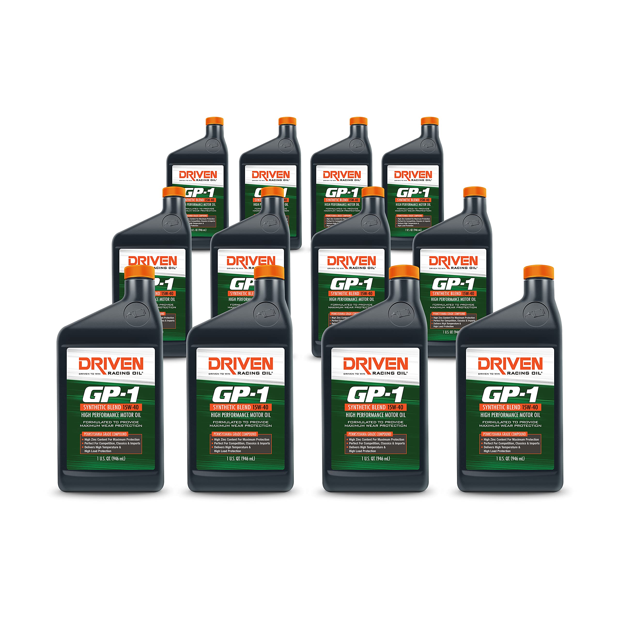 Driven Racing Oil GP-1 Synthetic Blend Motor Oil 15W-40 (12 Quart Bottles) - High Performance Engine Protection for Racing, Heavy-Duty Trucks & Classic Cars