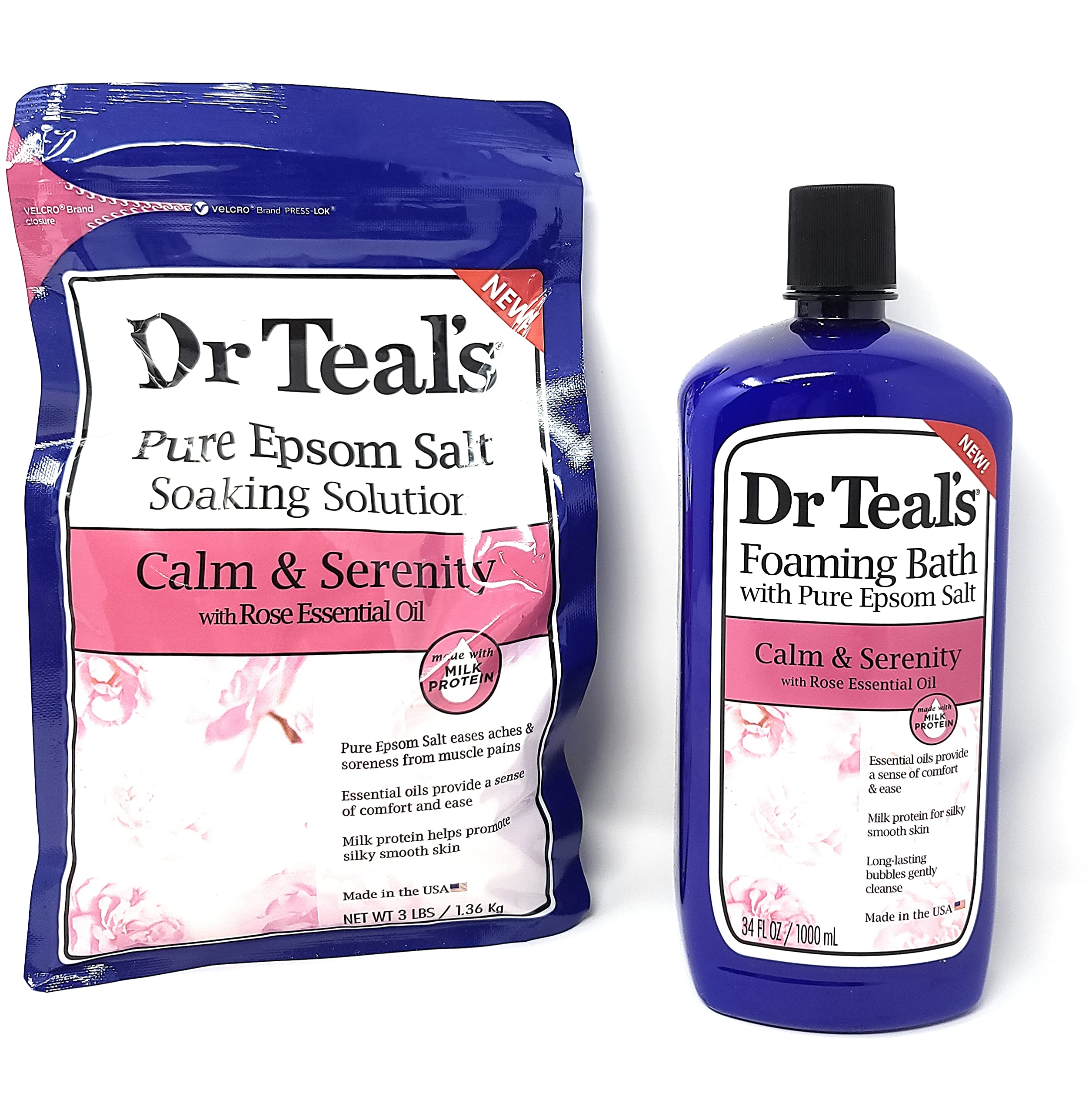 Dr Teal's Calm & Serenity Rose Essential Oil Bundle - Pure Epsom Salt Soaking Solution (3 lbs) & Foaming Bath (34 fl oz) with Milk Protein | Relaxing Bath Soak for Stress Relief & Better Sleep