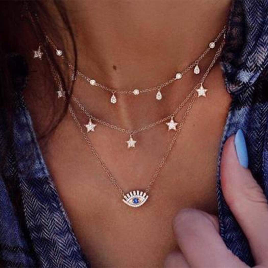 Boho Layered Necklace for Women - Gold Evil Eye Pendant with Star Rhinestones & Crystal Choker | Trendy Layered Jewelry for Everyday Wear, Parties & Gifts