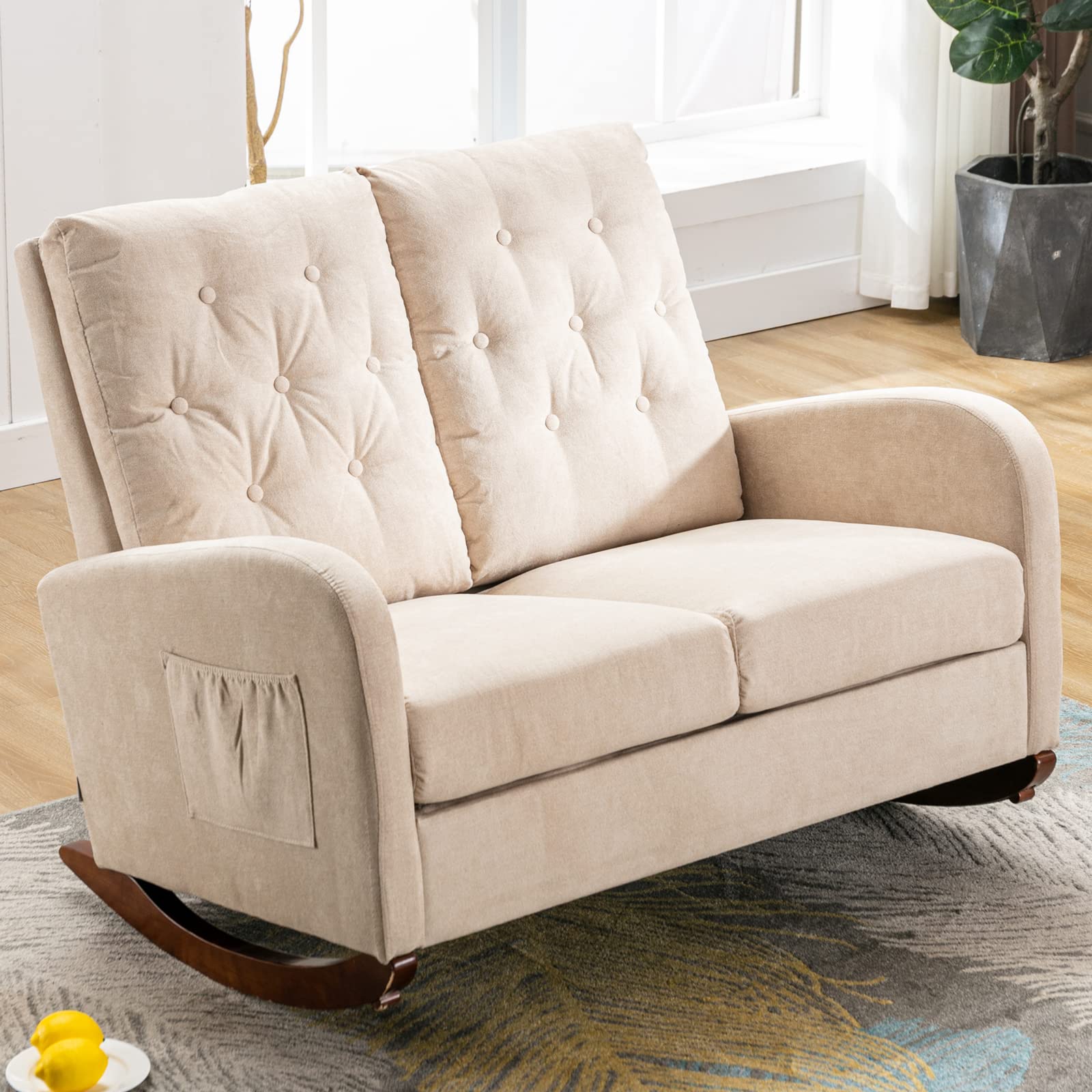 LETESA Oversized Double Wide Rocking Chair - Tufted Upholstered Nursery Glider with Padded Seat & Tall Back - Beige Linen Loveseat Rocker for Living Room, Bedroom, Nursery - Perfect for Nursing, Reading & Relaxing