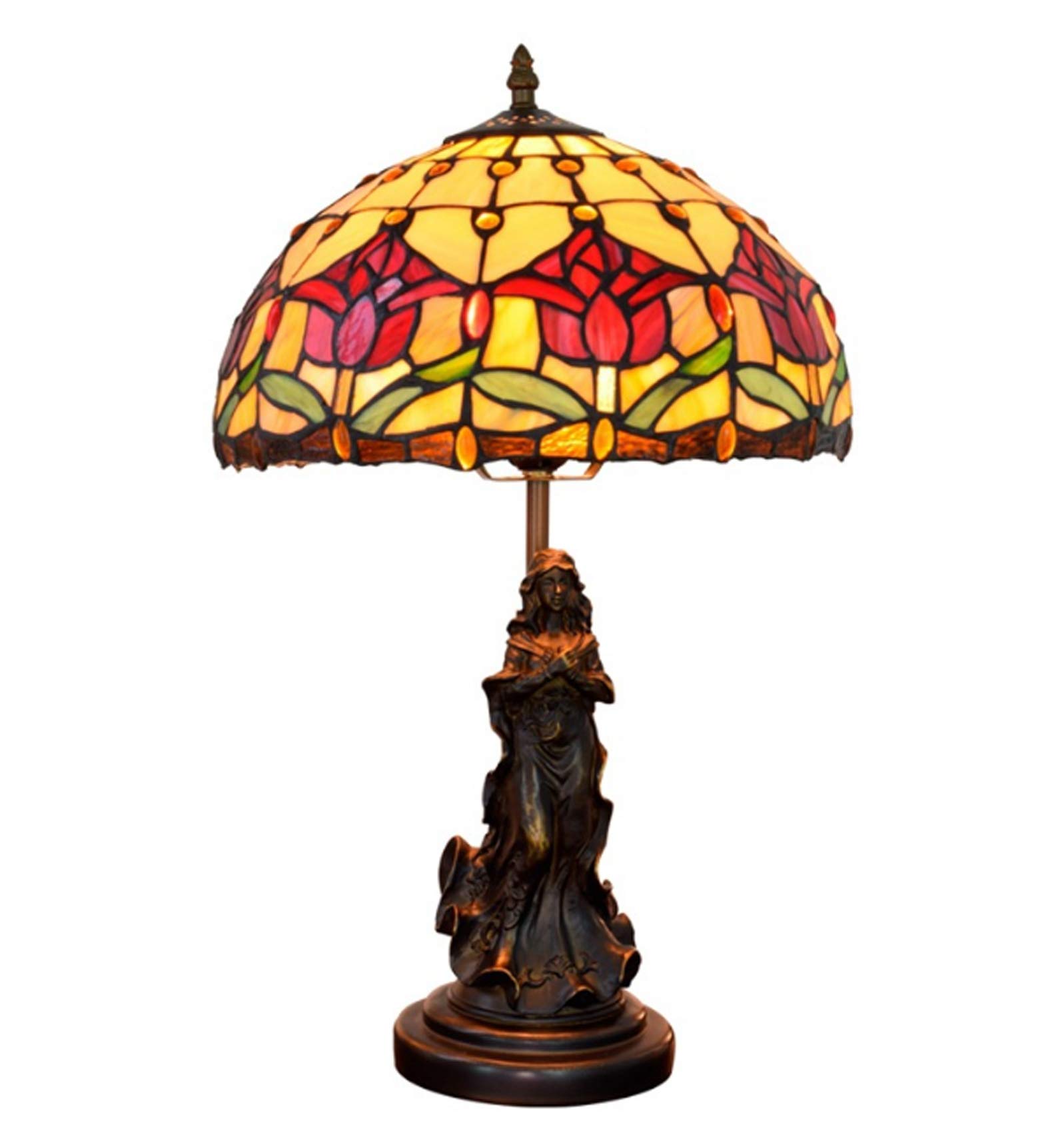 Fiunkes Tiffany Style Table Lamp - 12 Inch Stained Glass Red Tulip Flower Desk Lamp with Resin Base | Elegant Lighting for Bedroom, Living Room & Office Decor | Perfect for Nightstand, Study Desk & Home Ambience