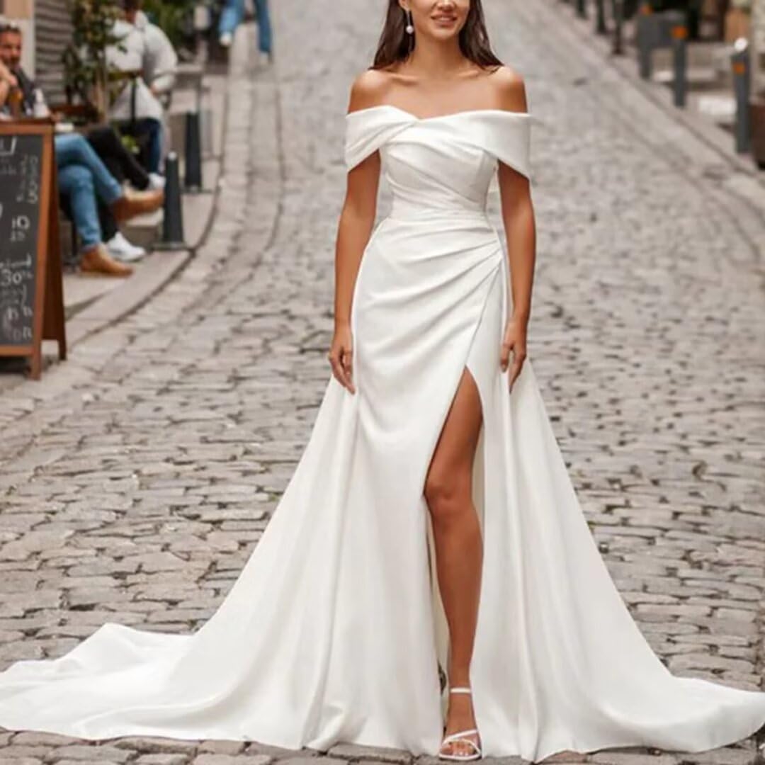 Elegant Mermaid Off Shoulder Wedding Dress for Bride - High Slit Pleats Bridal Gown with Train - Perfect for Beach, Church, and Formal Wedding Ceremonies