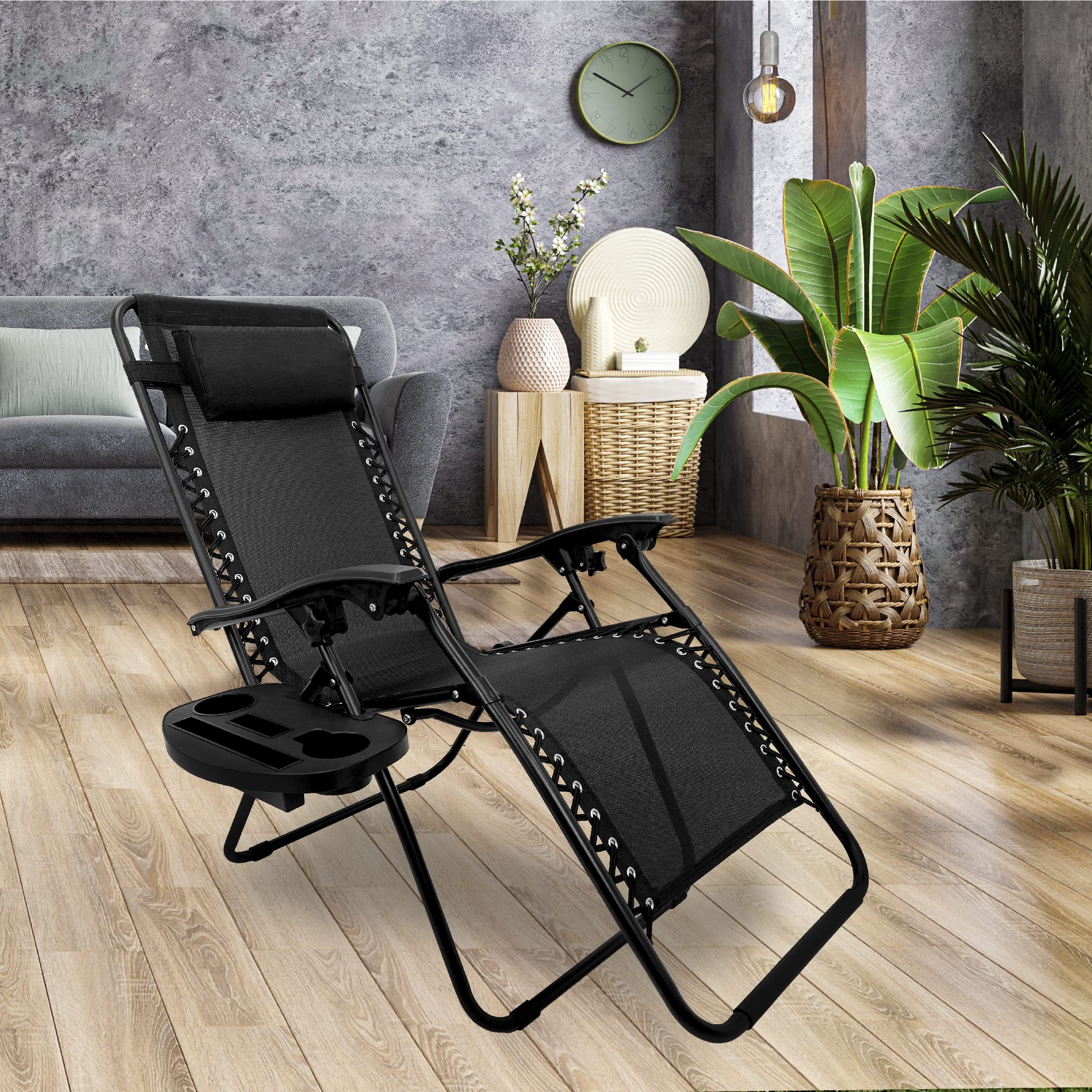 EasyGo Zero Gravity Lounge Chair with Pillow & Cup Holder - Adjustable Reclining Folding Outdoor Chair for Patio, Deck, Beach, Yard - 1 Pack Black - Perfect for Relaxing, Sunbathing & Outdoor Dining