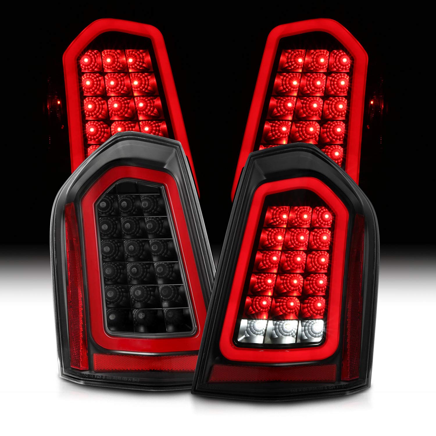 AmeriLite Black Full LED Sequential Turn Signal Tail Lights - Clear Lens Red Tube for 2011-2014 Chrysler 300 (Pair, Left & Right Side) - Upgrade Your Car's Style & Safety for Night Driving & Custom Look