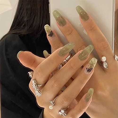 24PCS Green Butterfly Press On Nails - Medium Length Glossy Fake Nails with Glue Sticker | Full Cover False Nails for Women & Girls | DIY Acrylic Nails for Home, Parties & Special Occasions