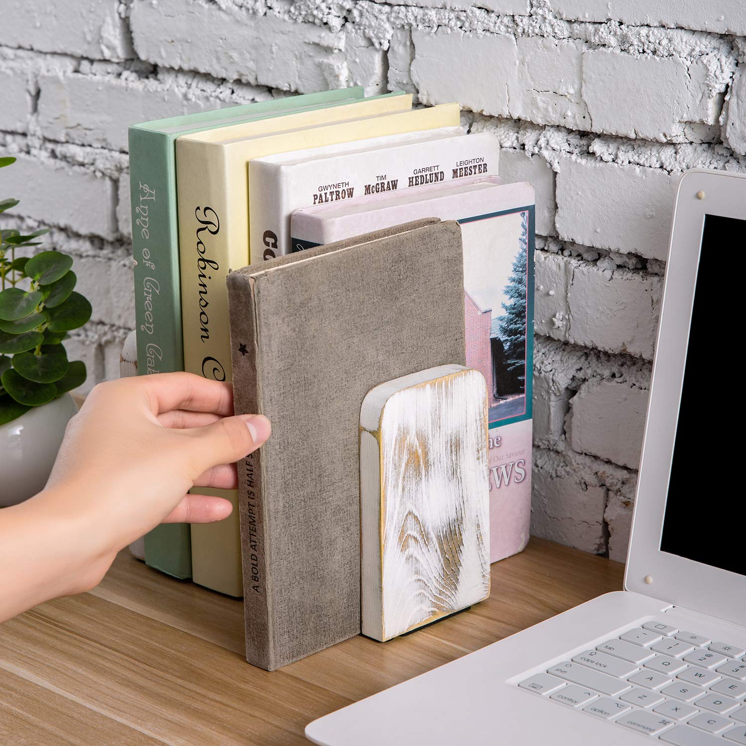 MyGift Whitewashed Wood Bookends for Desk & Bookshelf - Decorative Office Organizer, Rustic Home Decor (1 Pair) - Perfect for Books, Cookbooks, and Displaying Collectibles