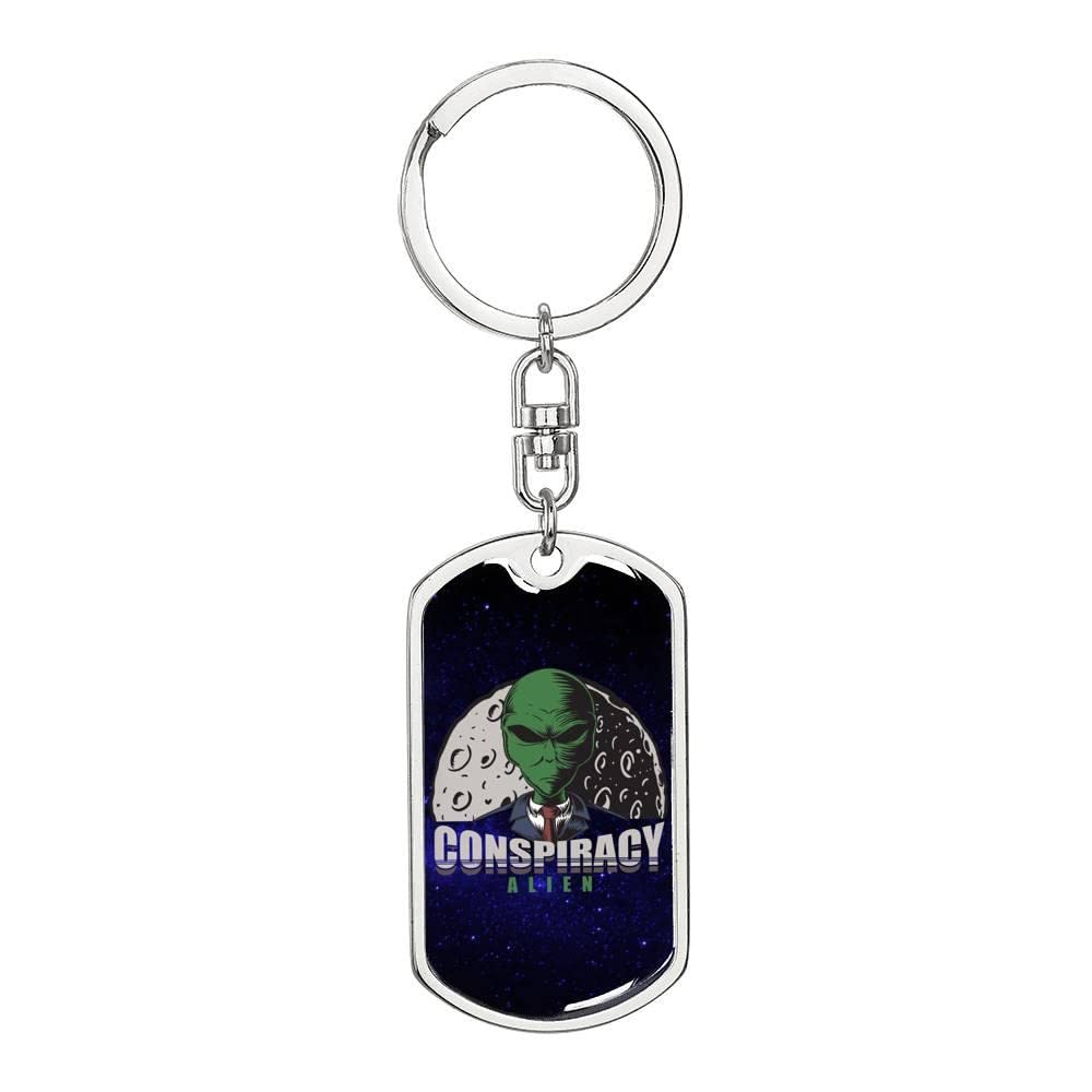 Alien Conspiracy Dog Tag Pendant - Stainless Steel or 18k Gold Keychain for Men & Women - Perfect for UFO Enthusiasts, Sci-Fi Lovers & Unique Gift Ideas