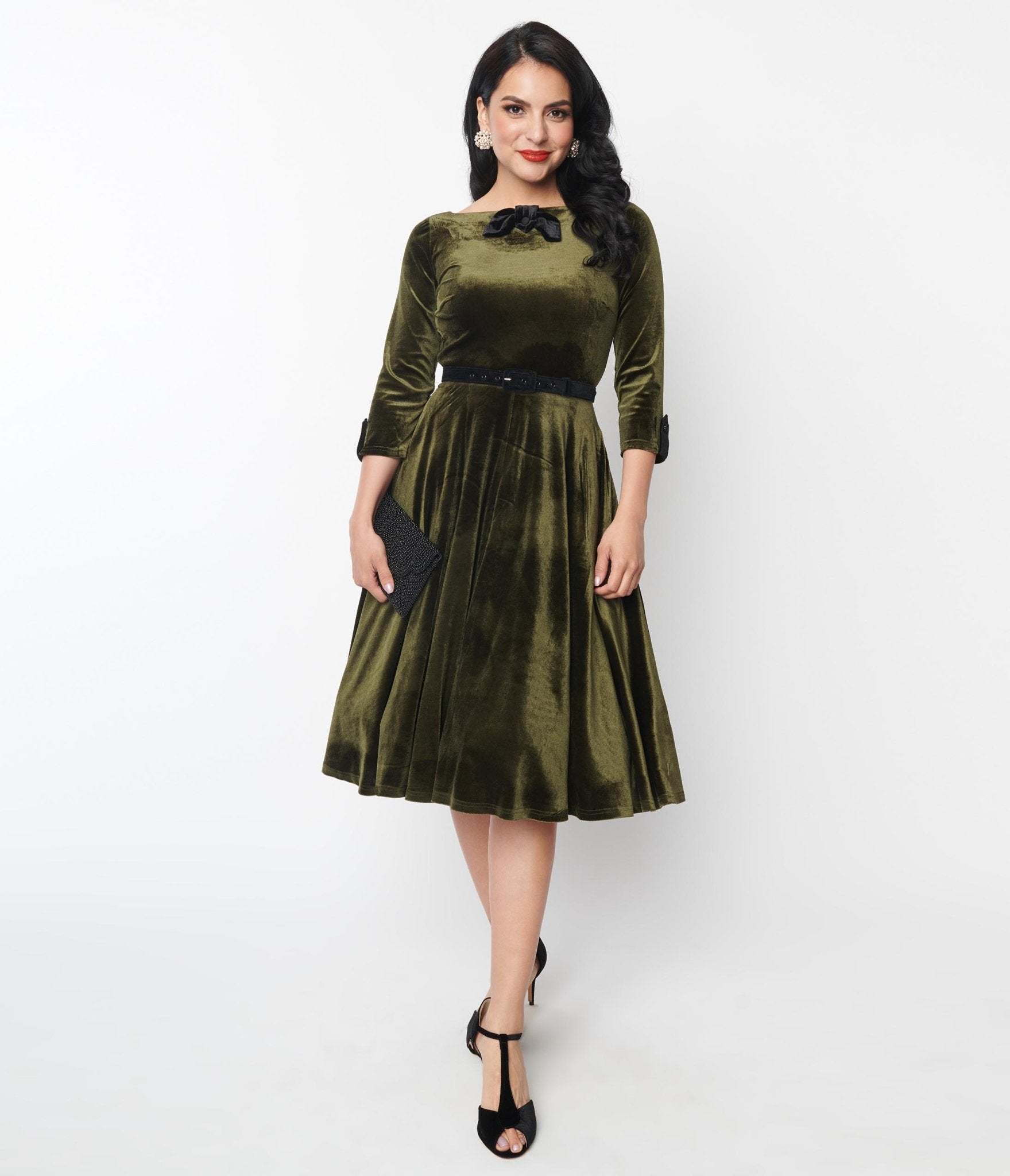 Vintage Deep Olive Green Velvet Swing Dress with Faux Bow - Elegant Retro Party Dress for Holiday Gatherings, Cocktail Events & Special Occasions