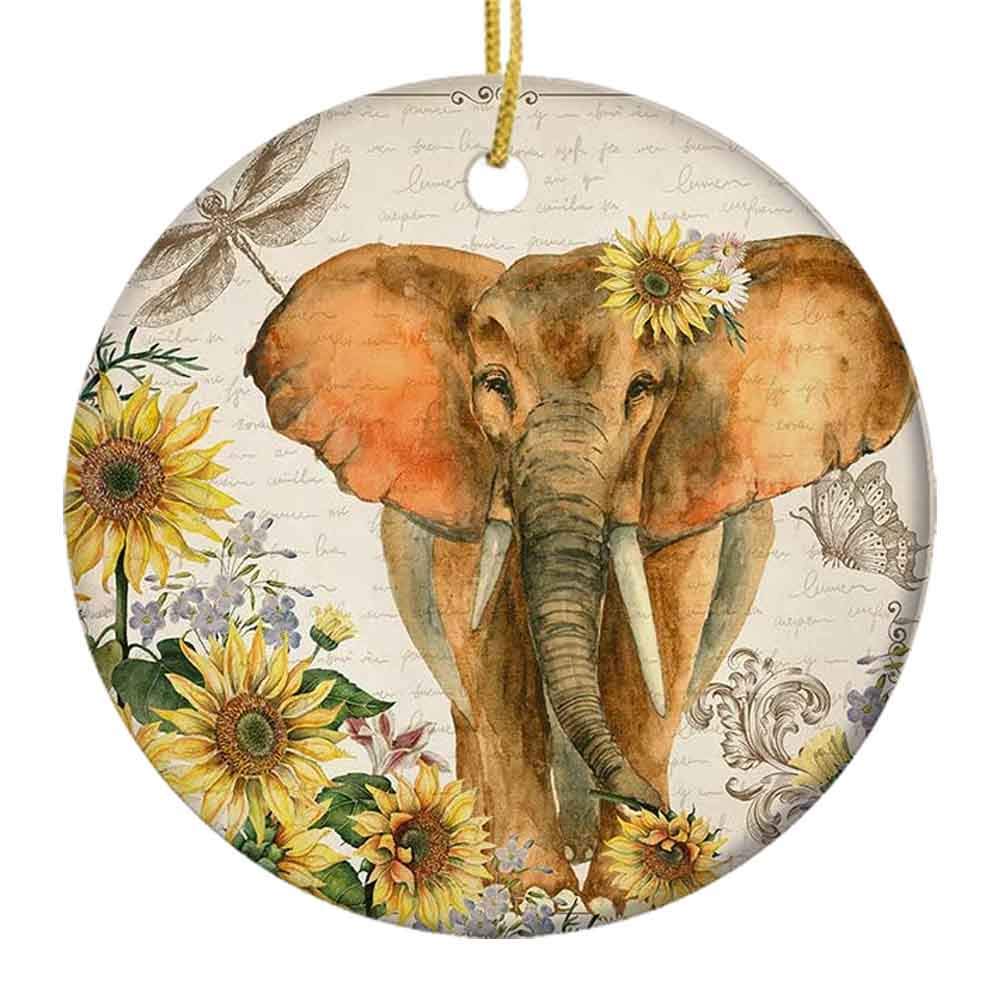Vintage Ceramic Christmas Ornaments - Elephant & Sunflower Holiday Decor, 2.85 Inch Handmade Xmas Tree Ornaments for Festive Home Decor, Perfect for Christmas Tree, Gift Exchange & Holiday Party Decorations
