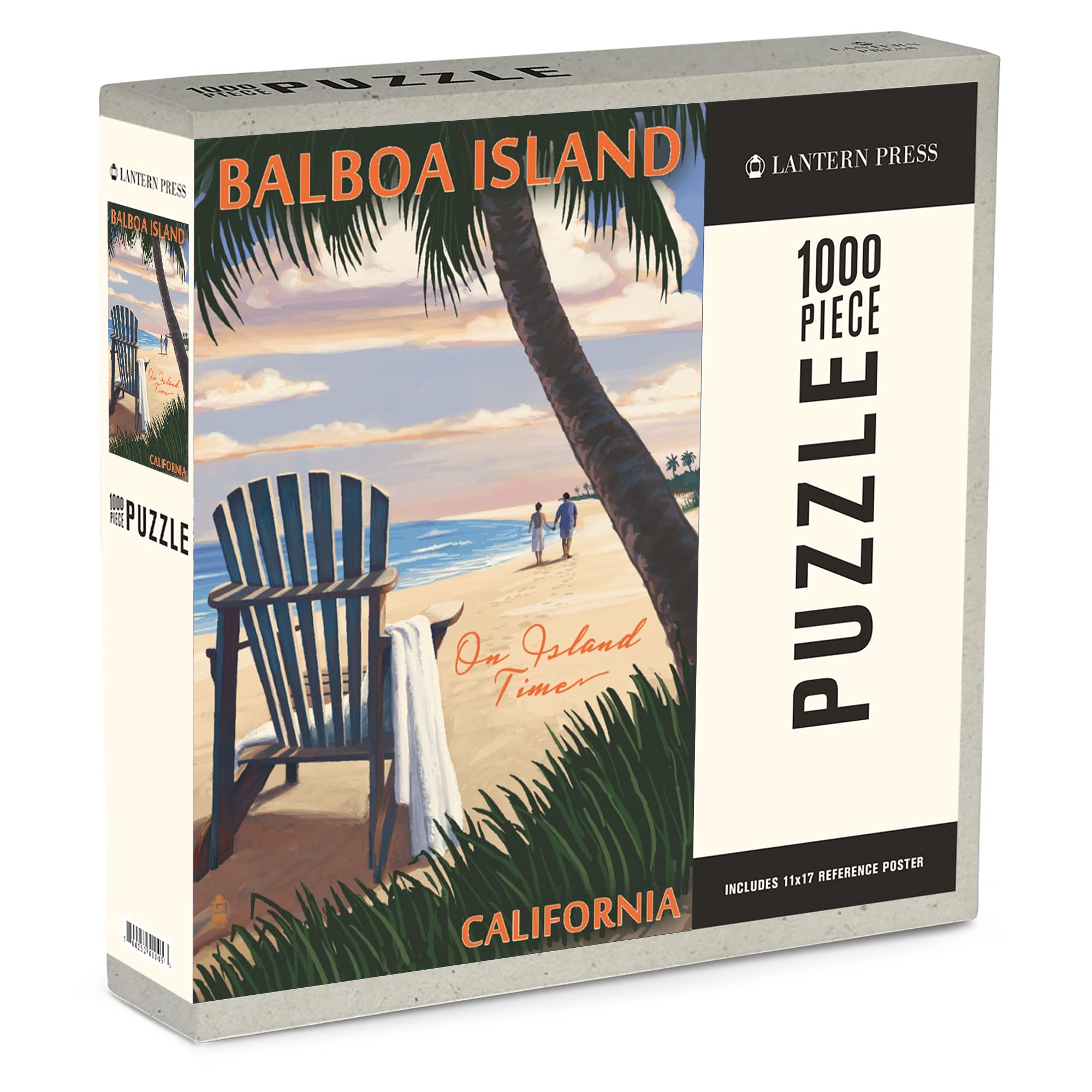 1000 Piece Jigsaw Puzzle - Balboa Island 'On Island Time' with Adirondack Chair Beach Scene | Made in USA | Eco-Friendly Linen Paper Puzzle for Adults & Family | Perfect for Relaxation, Stress Relief & Family Game Night