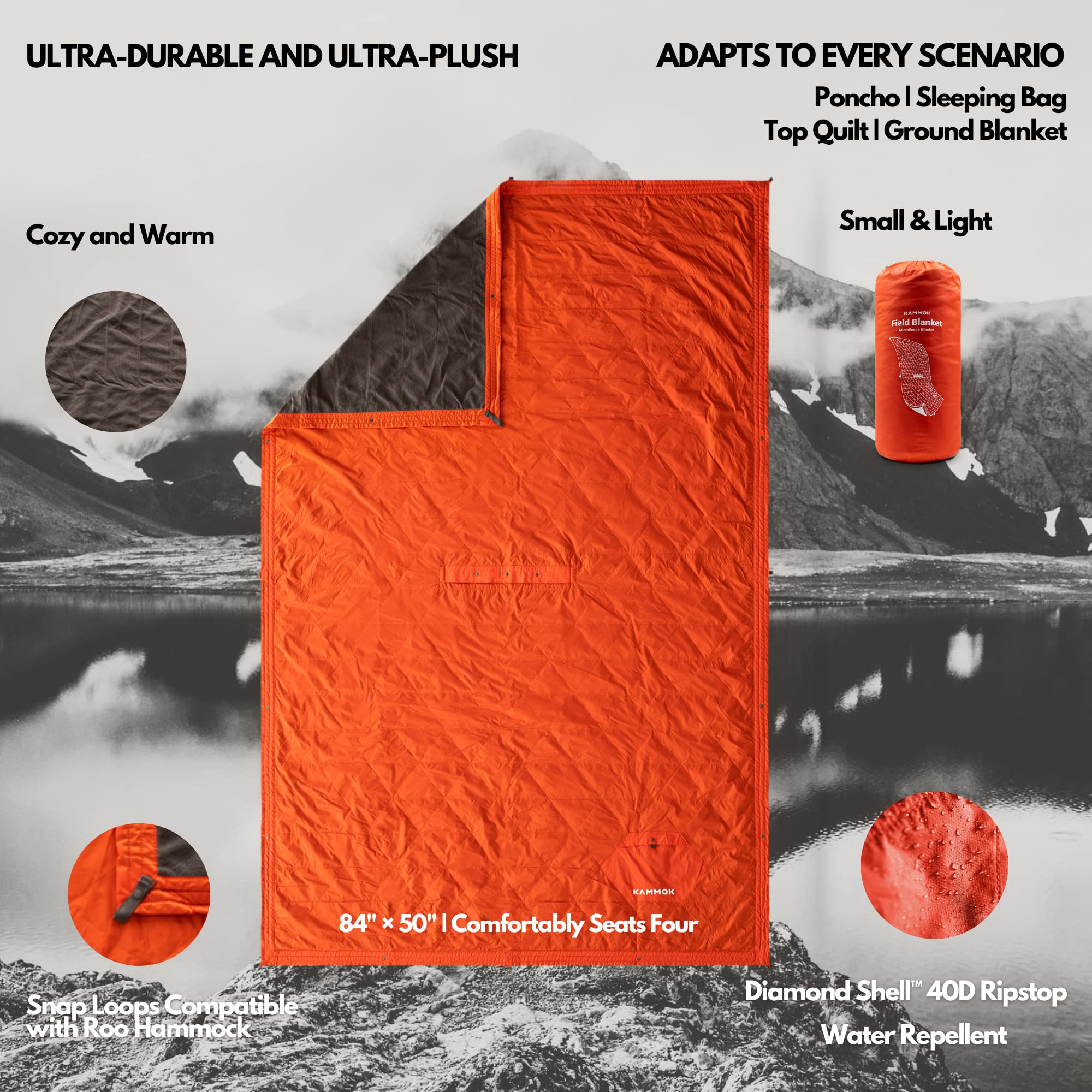 KAMMOK Field Blanket - Premium Microfleece Camping Blanket, Water Resistant & Durable for Indoor/Outdoor Use (84
