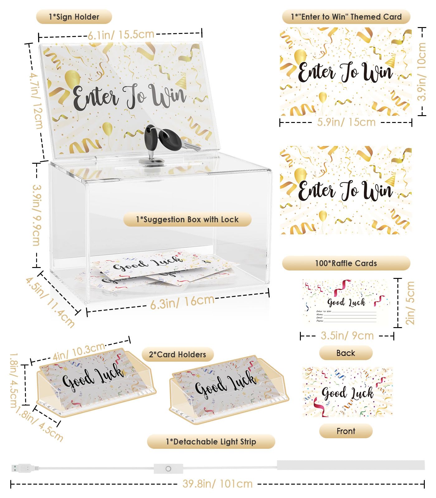 MoKo Lockable Raffle Box with Sign Holder & 100 Cards - Secure Ballot Box for Voting, Party Drawings & Fundraising Events - Includes Detachable Lighted Tip Jar for Bars, Restaurants & Charity Functions