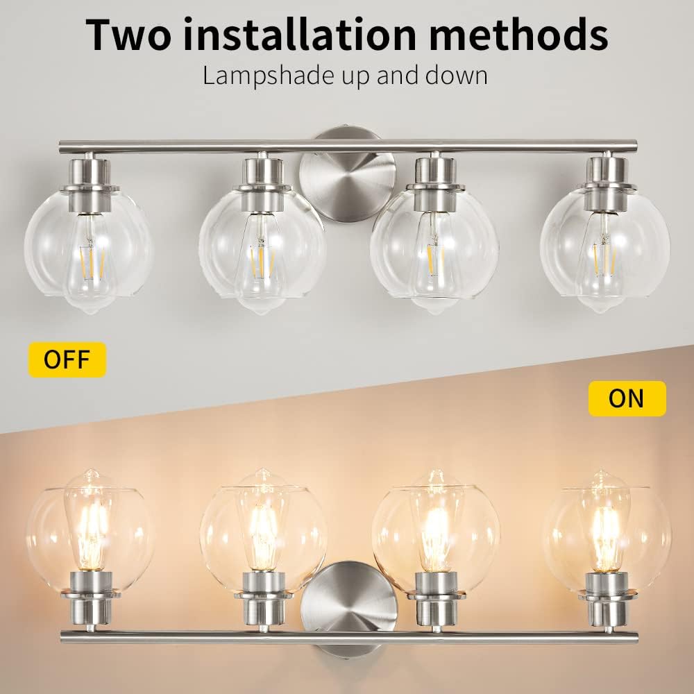 4-Light Modern Brushed Nickel Bathroom Vanity Light with Clear Globe Glass Shade - 29.5 Inch Wall Sconce Lighting for Bathroom Mirror - Perfect for Home, Hotel & Spa Decor