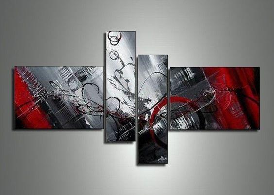 4 Piece Modern Abstract Canvas Art Set - Black and Red Acrylic Painting for Living Room Decor | Contemporary Wall Art for Home & Office