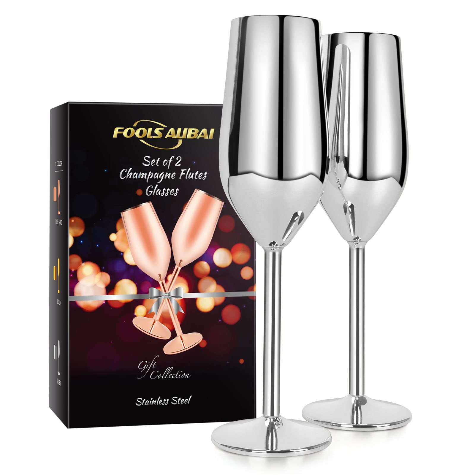 FOOLS ALIBAI 2-Pack 8oz Stainless Steel Champagne Flutes - Unbreakable Stemmed Wedding Glasses for Bride & Groom (Silver) - Perfect for Toasts, Anniversaries & Romantic Celebrations