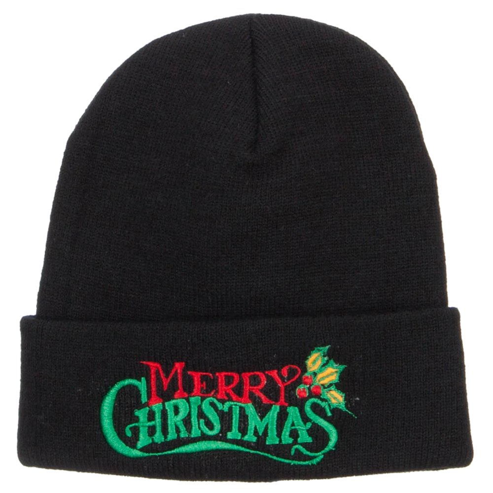Merry Christmas Mistletoe Embroidered Long Beanie Hat - Festive Winter Knit Cap for Holiday Parties & Outdoor Activities - Cozy Xmas Gift for Women & Men - e4Hats.com