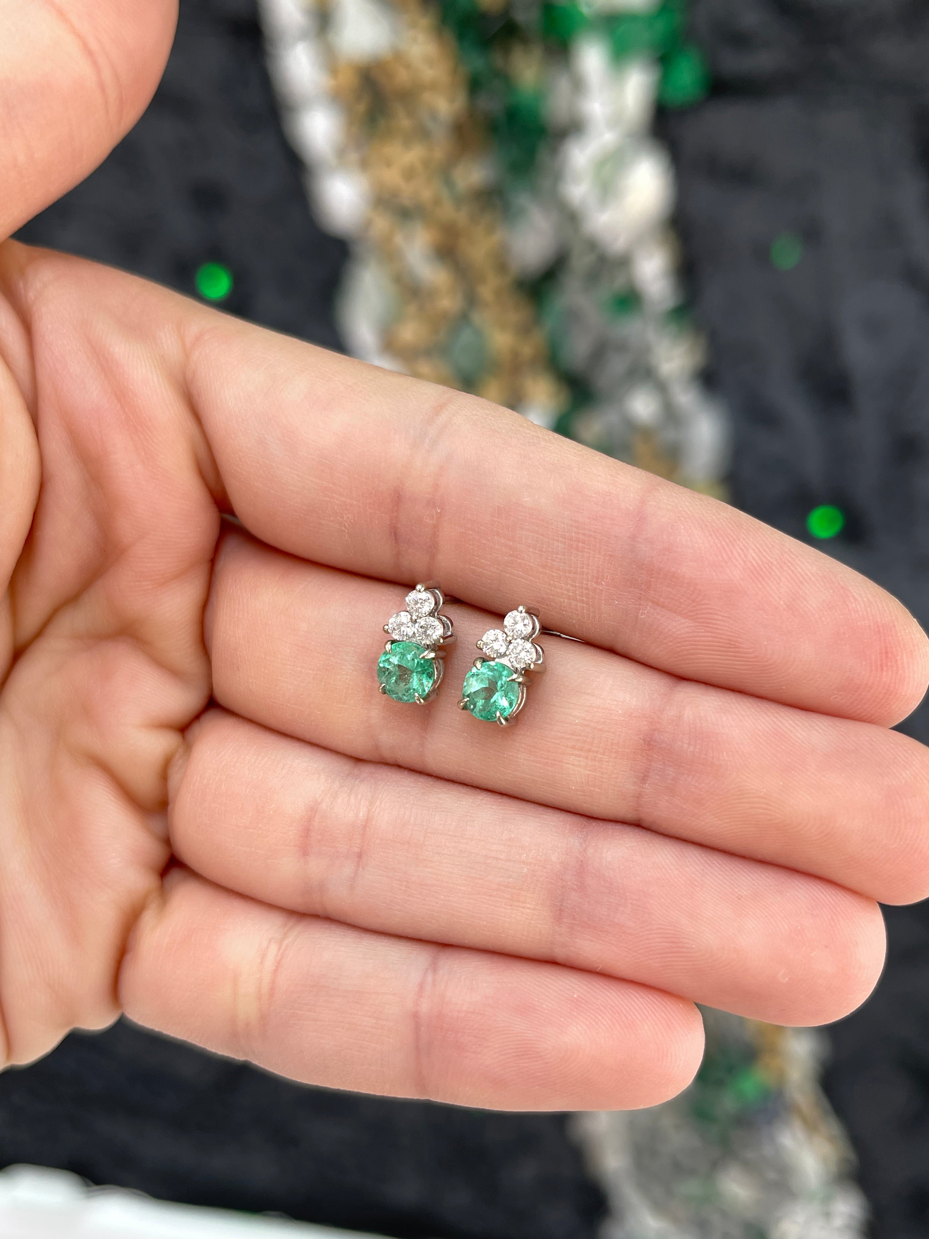 14K White Gold Colombian Emerald & Diamond Trio Stud Earrings | Natural Green Gemstone Jewelry for Women | Perfect for Weddings, Anniversaries & Special Occasions