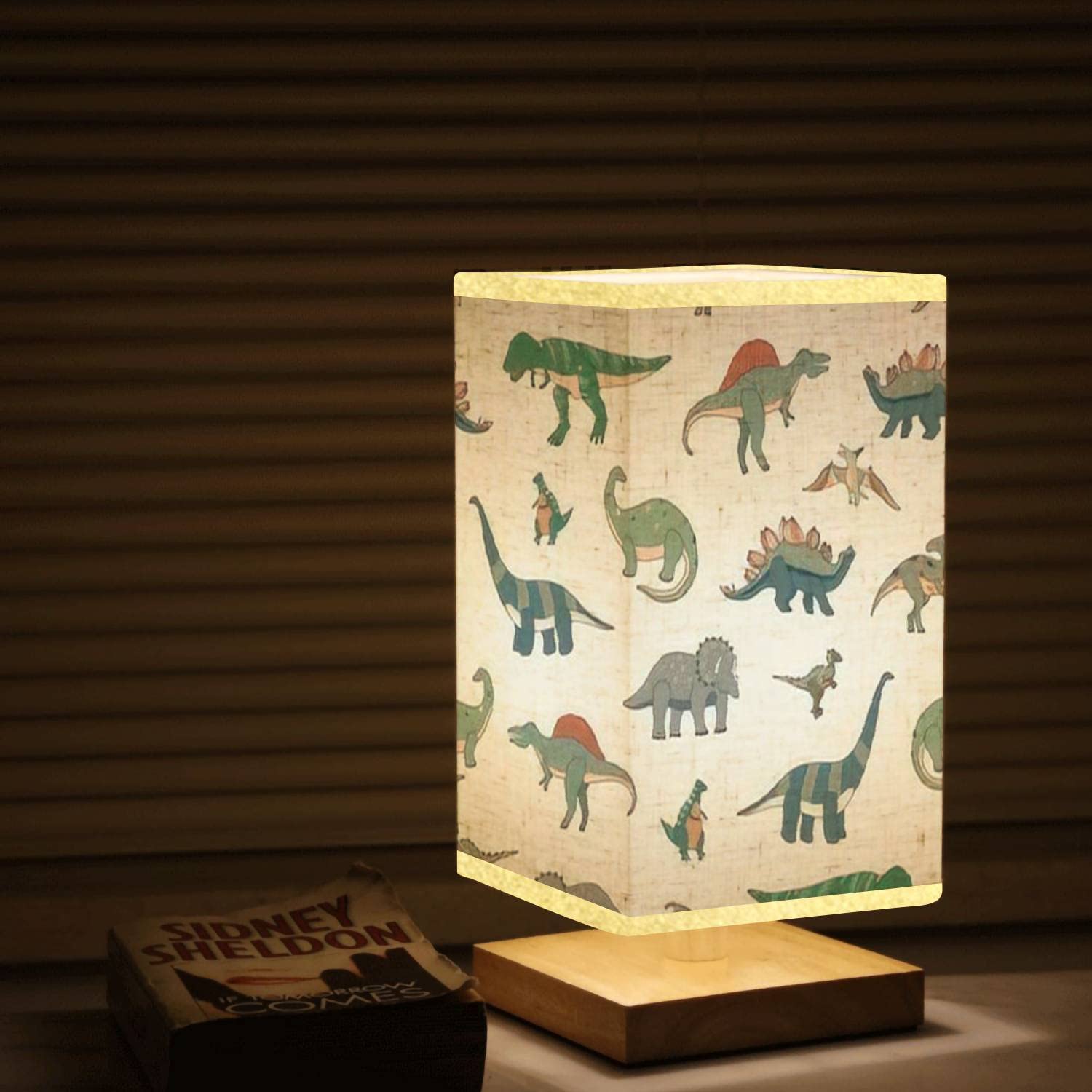 Dimmable Square Bedside Table Lamp with Dinosaur Cartoon Design - Wooden Base & Flaxen Fabric Shade for Bedroom, Living Room, Nursery | Perfect Nightstand Lamp for Kids' Room, Reading Nook & Cozy Spaces