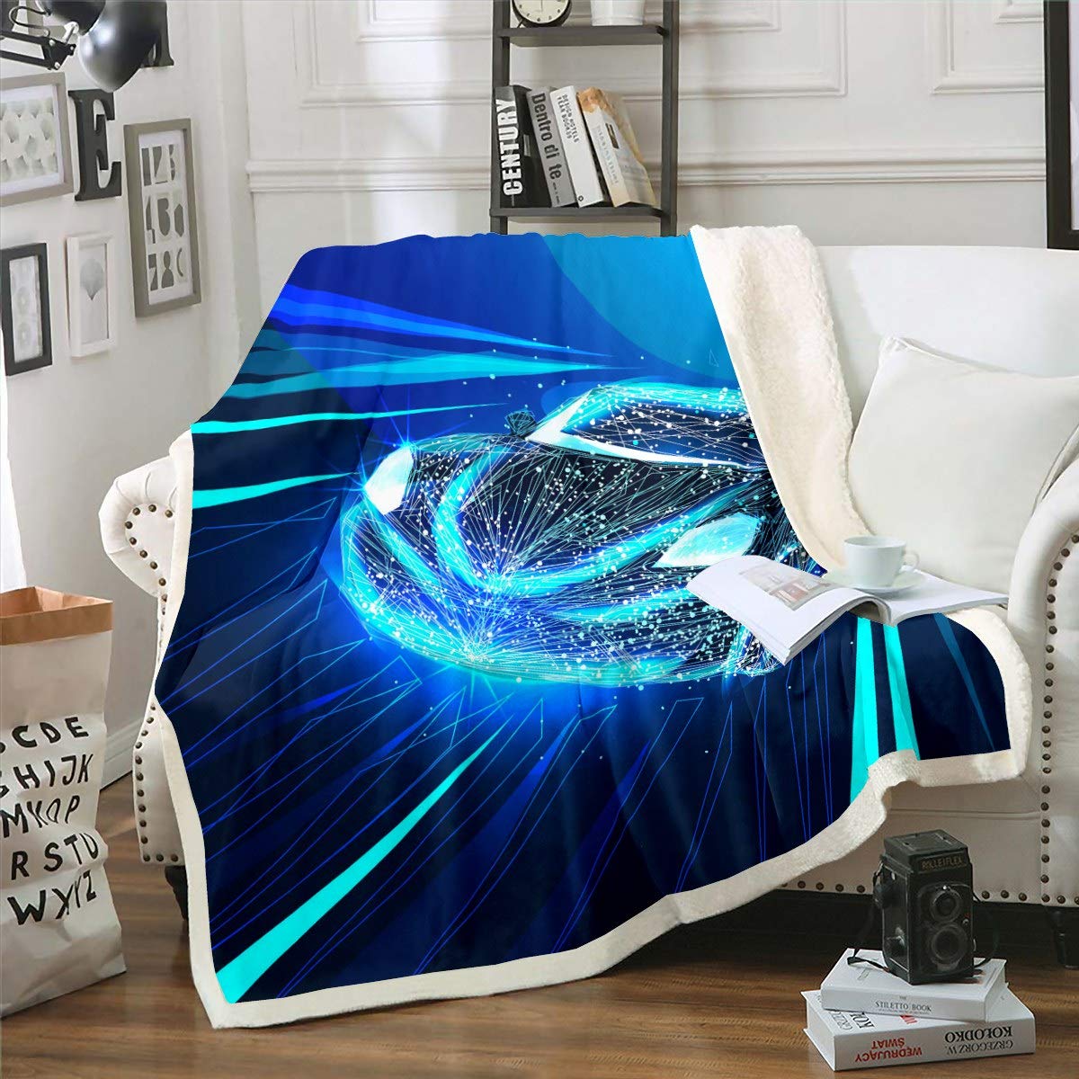 Feelyou Race Car Fleece Blanket - Extreme Sports Theme Sherpa Throw Blanket for Sofa, Couch & Bed - Blue Geometric Stripe Plush Blanket Twin Size 60