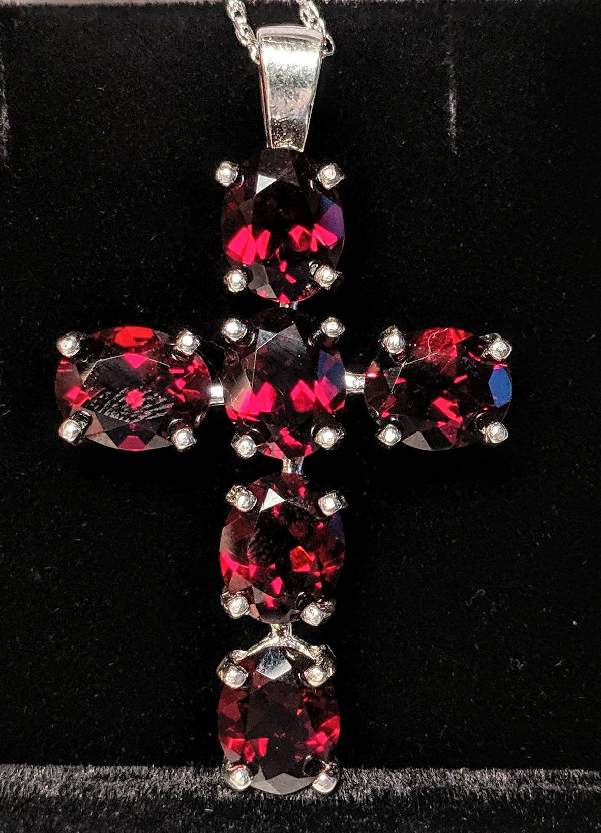 Solid Sterling Silver Large Blood Red Garnet Oval Cut Cross Pendant - 24+ Carats VVS/VS Clarity - Free Shipping - Perfect for Gifts, Weddings & Religious Jewelry Collections