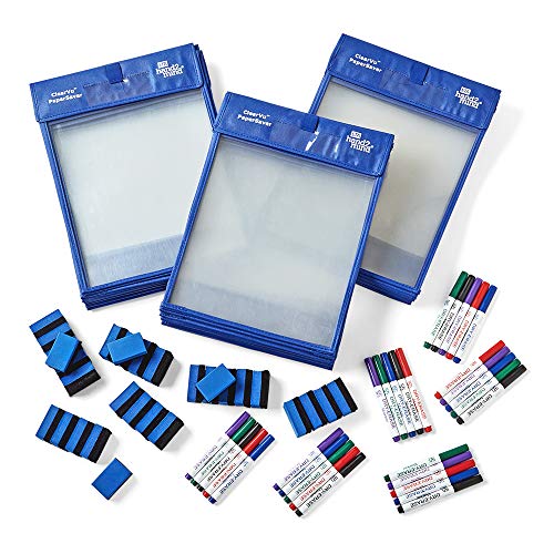 hand2mind Reusable Heavy Duty Clear-Vu Dry Erase Pockets Classroom Set - 30 Pack with Dry Erase Markers & Erasers - Durable Teacher & Office Supplies for School, Homeschool, Presentations & Whiteboard Activities