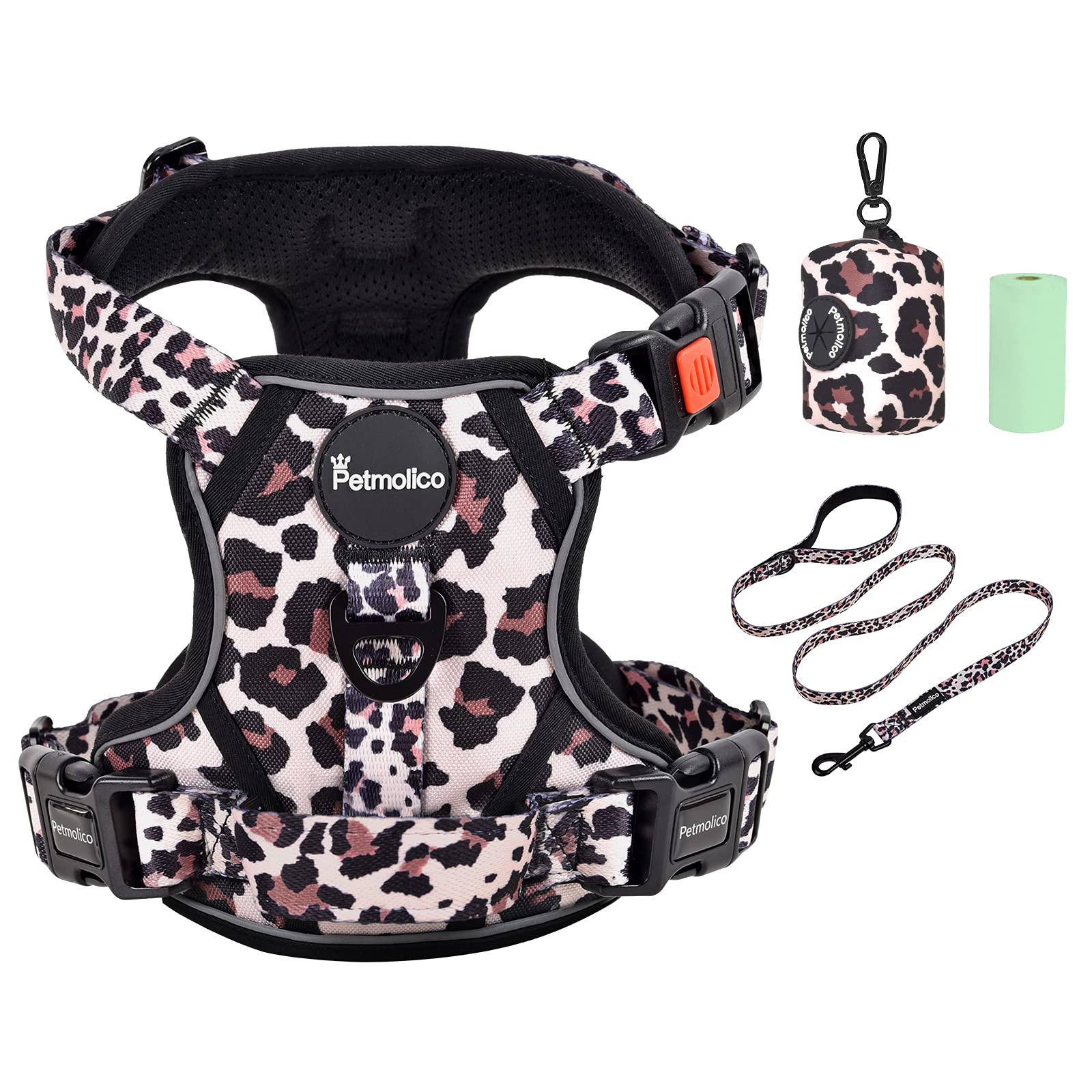 Petmolico No Pull Dog Harness Set with Leash - Reflective Adjustable Vest for Small Dogs & Puppies - Easy Control Handle & Poop Bag Holder - XS Leopard Print - Perfect for Walking, Training & Outdoor Adventures