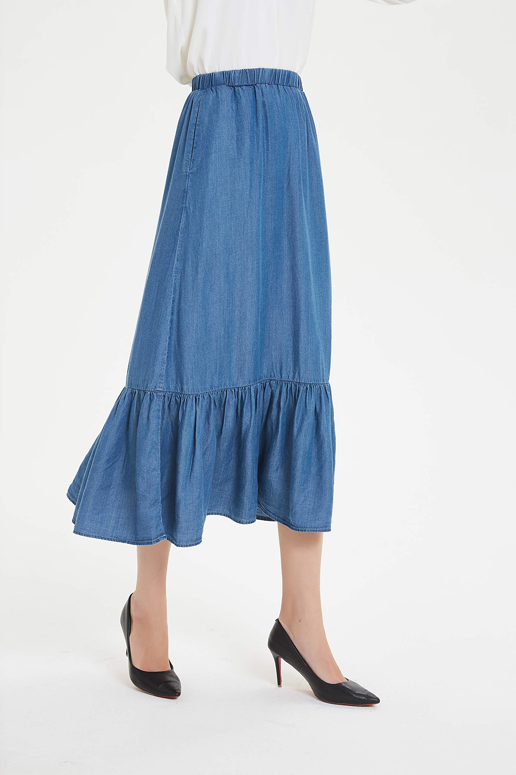 Tronjori Women's Tencel Denim Midi Skirt with Pleated Hem - Comfortable Stretch Long Skirt for Casual Wear, Office & Date Night Outfits