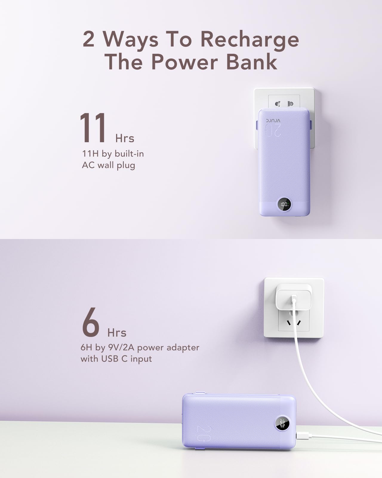 VRURC 20000mAh Portable Charger with Fast Charging - USB C Power Bank, 4 Outputs & 2 Inputs, LED Display, Built-in Wall Plug & Cables | Perfect for Travel, Camping, and Emergency Phone Charging (Purple)