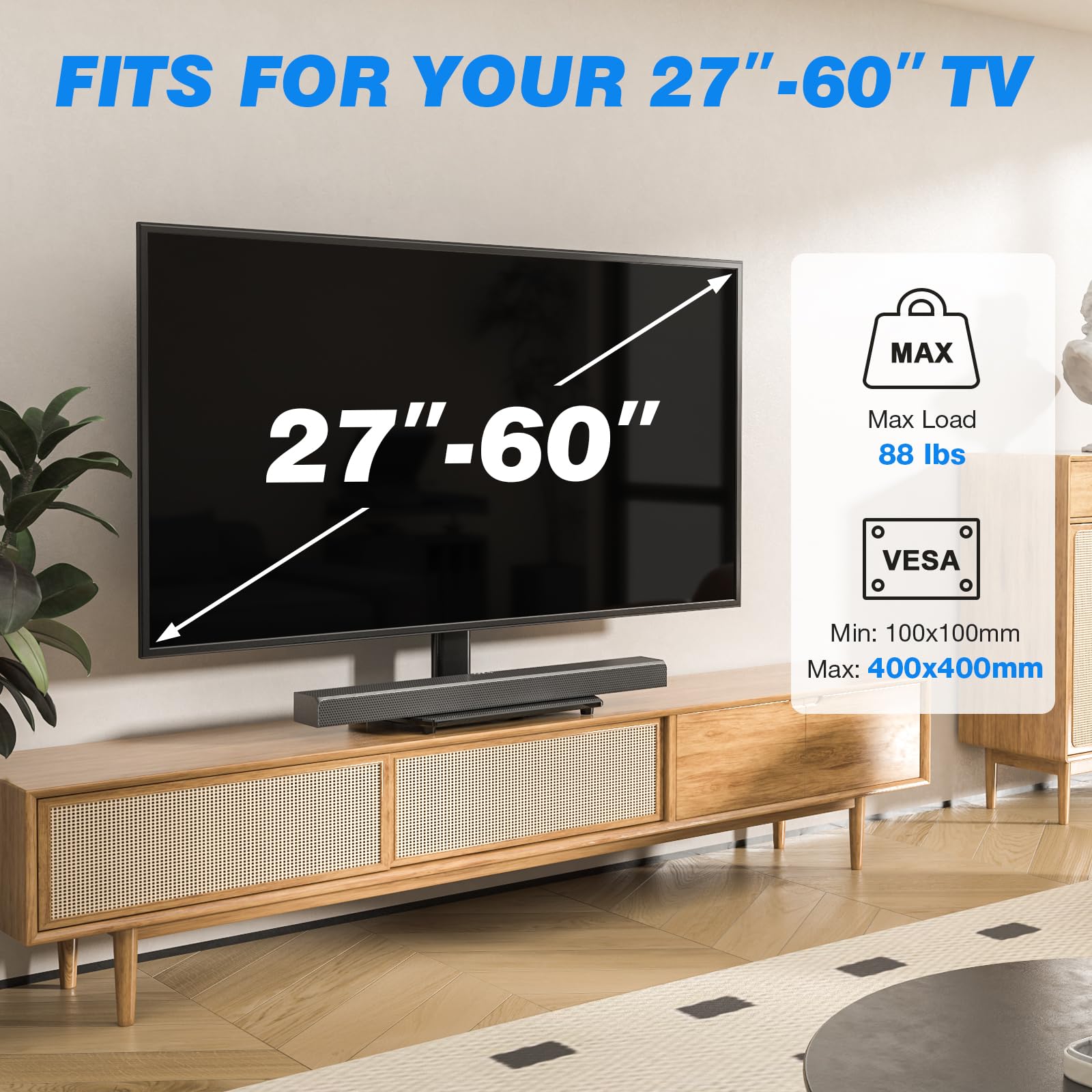 Universal Swivel TV Stand for 27-60 Inch TVs - Height Adjustable Table Top TV Mount Holds 88 lbs - Tempered Glass Base Pedestal Stand for Living Room, Bedroom & Office
