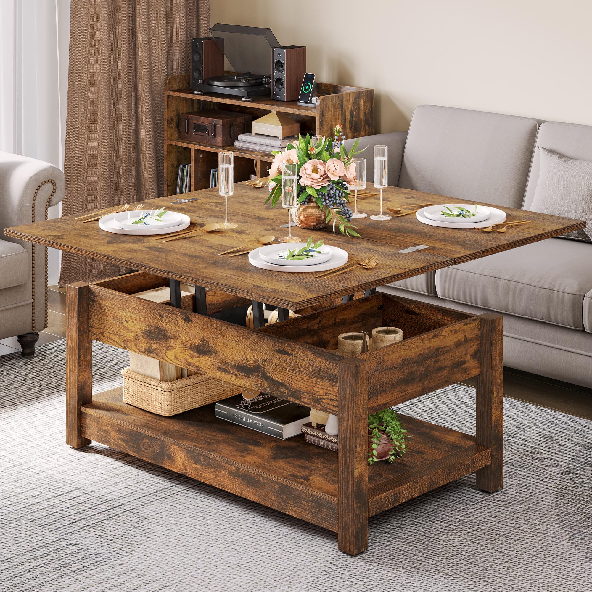 YITAHOME Lift Top Coffee Table with Storage - 3-in-1 Multi-Function Wooden Center Table with Hidden Compartment, Rustic Brown Farmhouse Style for Living Room | Perfect for Small Spaces, Home Office & TV Room Decor
